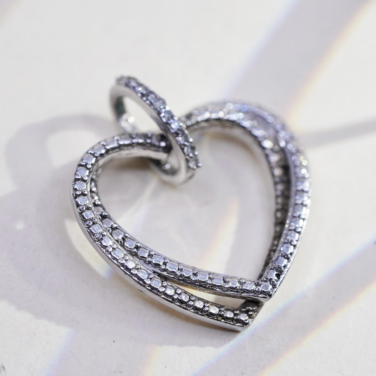Vintage Sterling silver handmade pendant, entwined 925 heart cluster diamonds