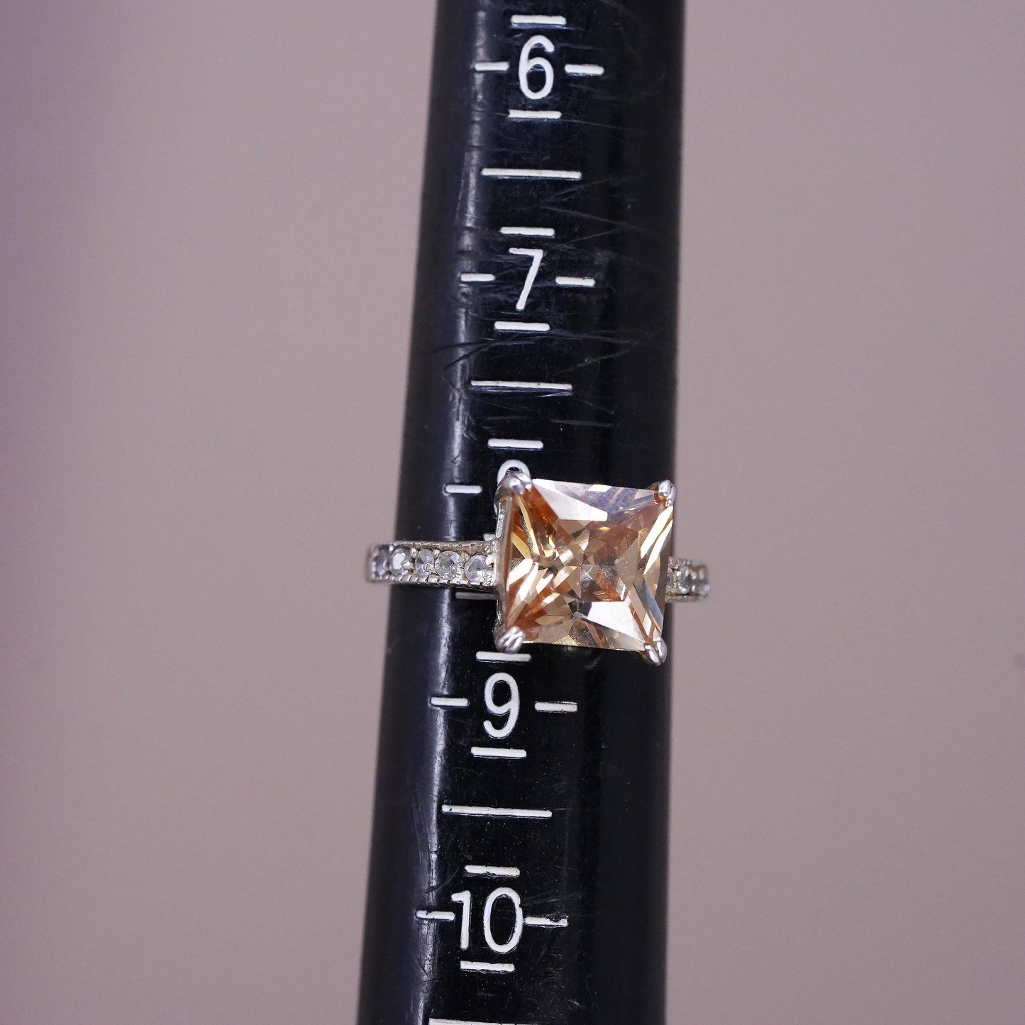 Size 8.25, VTG 925 Sterling Silver Champagne CZ Ring, Princess Solitaire Ring