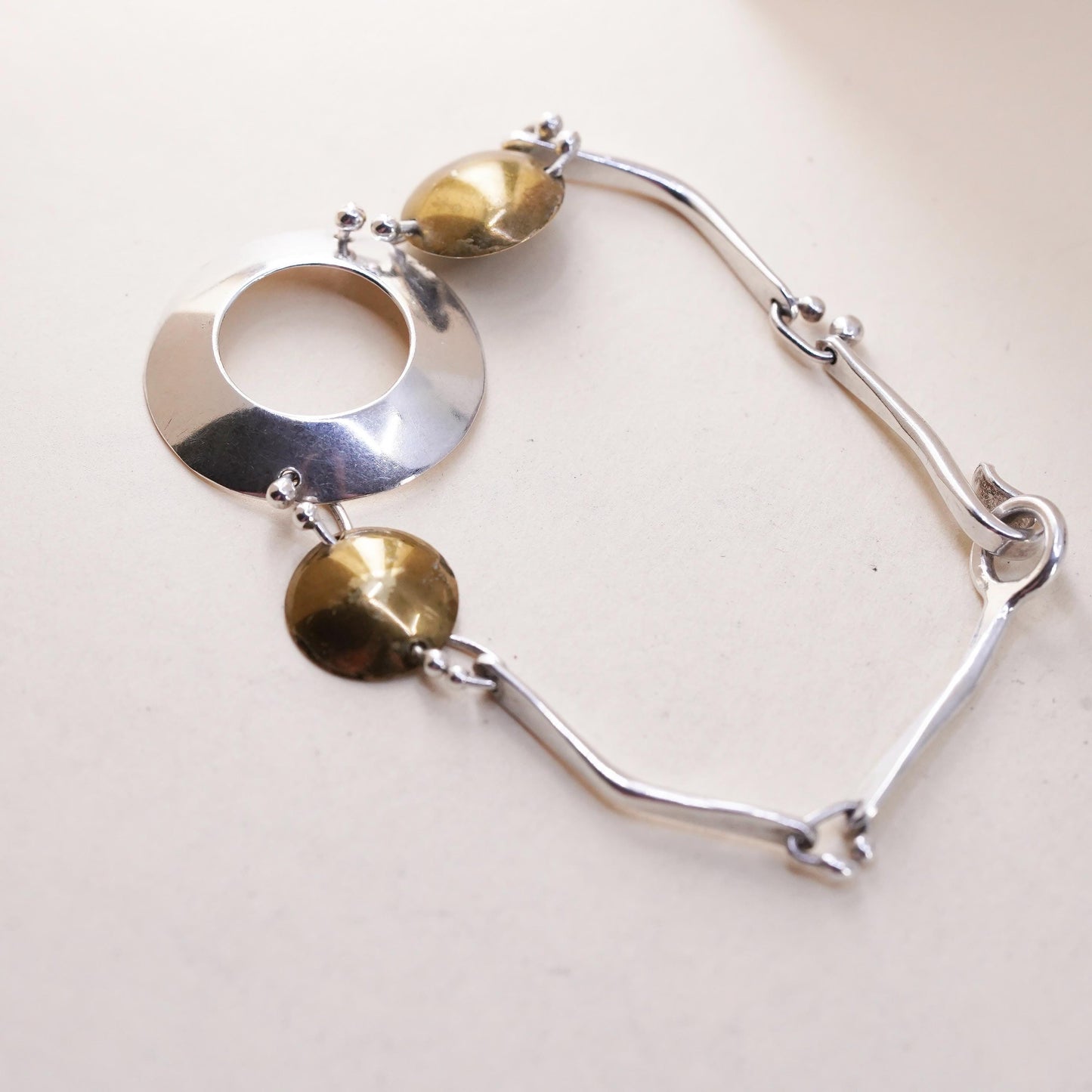 6.25”, Vintage Mexican two tone sterling silver bracelet, 925 disc chains brass