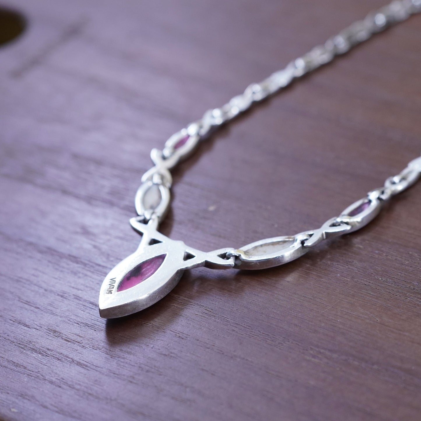 17”, vintage Sterling 925 silver handmade V necklace with mother of pearl