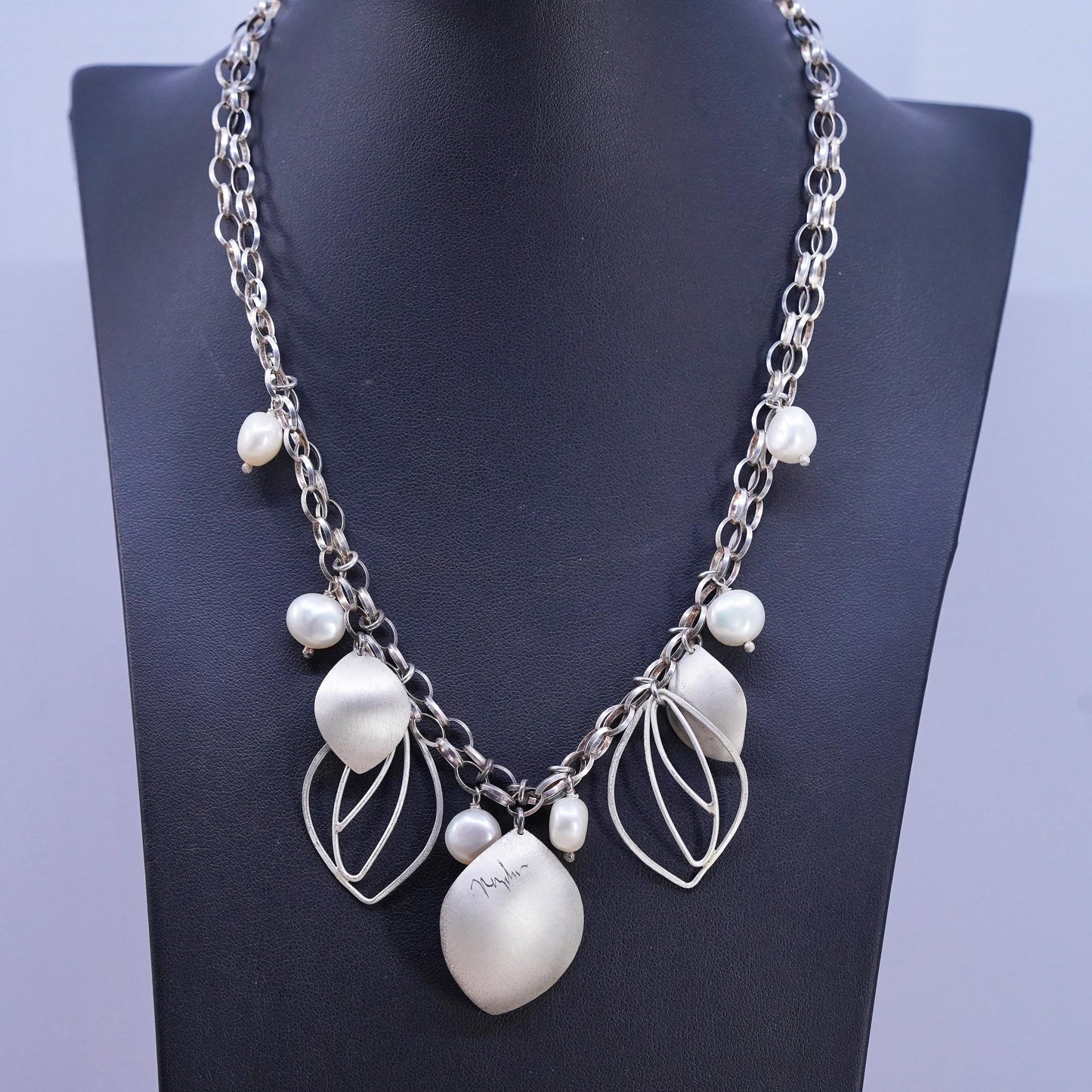 Sterling silver necklace, double strands 925 oval chain leaves pendant pearl