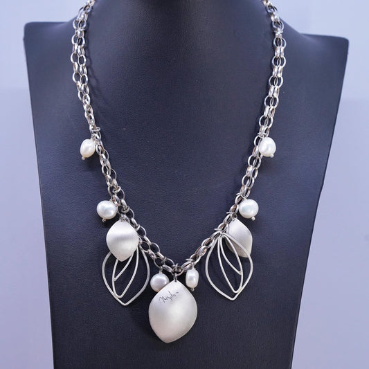 Sterling silver necklace, double strands 925 oval chain leaves pendant pearl