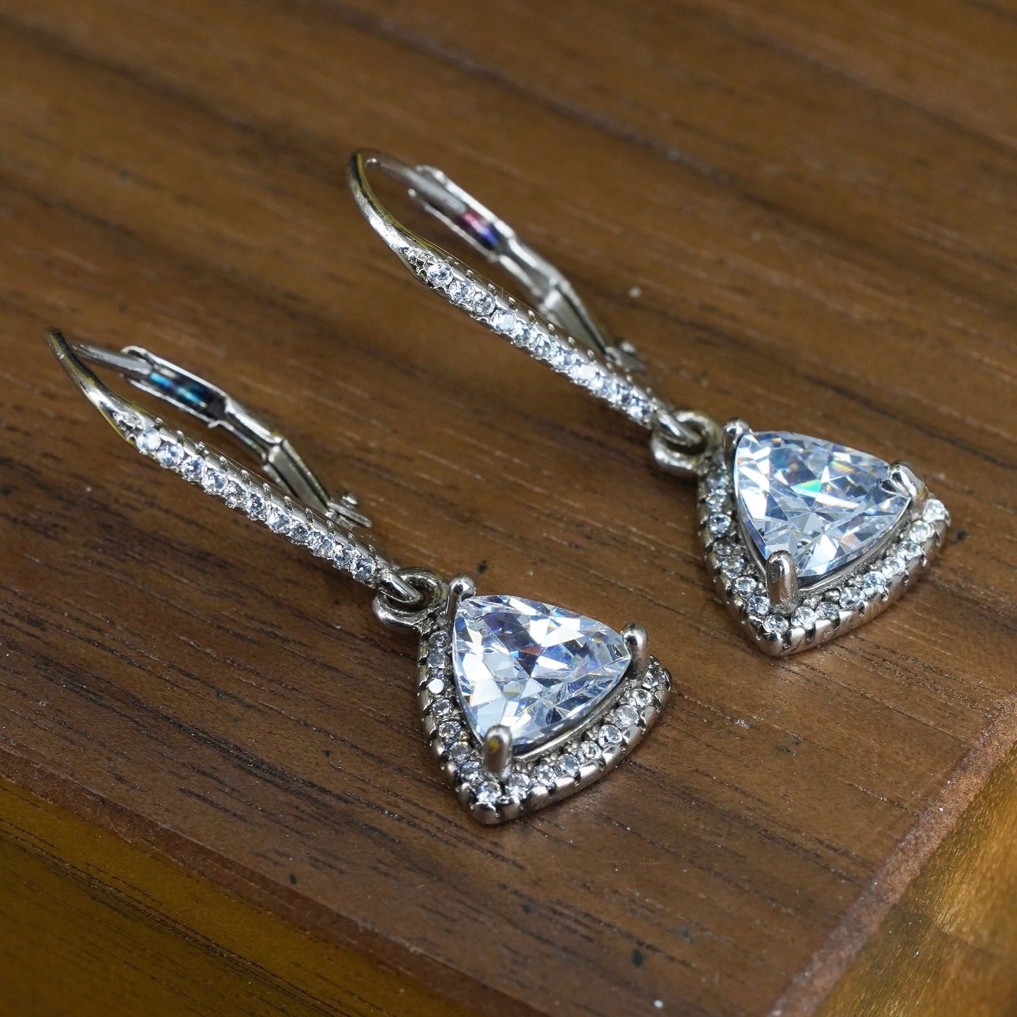 Vintage Sterling silver earrings, 925 drops with cluster Cz around