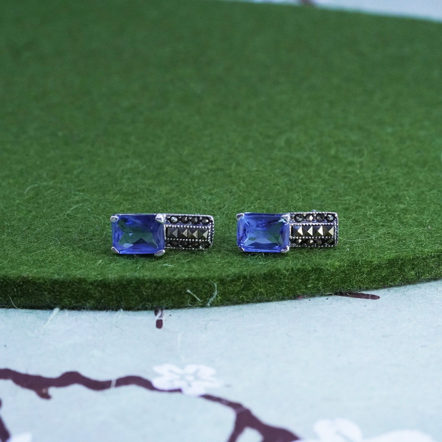 Sterling silver handmade earrings, 925 studs with blue crystal and Marcasite
