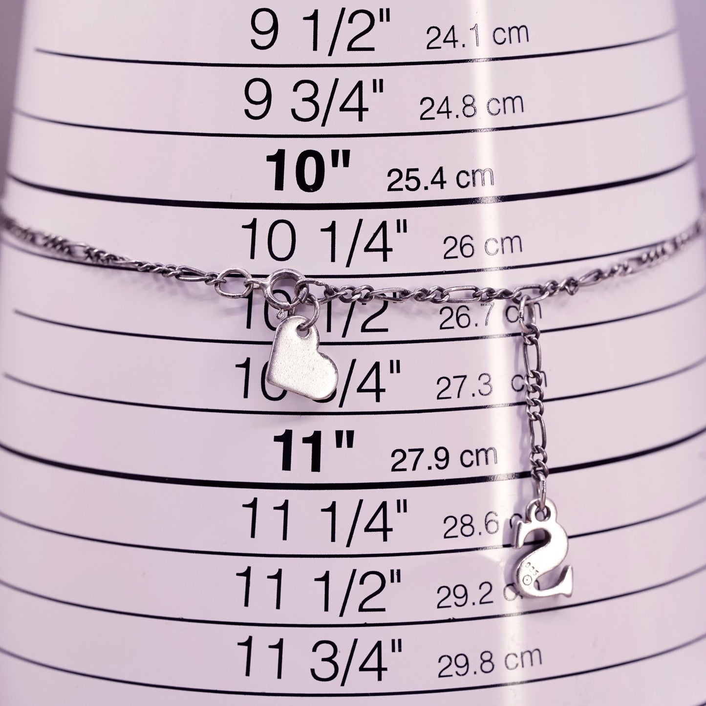 10.5", Italian Sterling 925 silver figaro chain anklet letter S heart charms