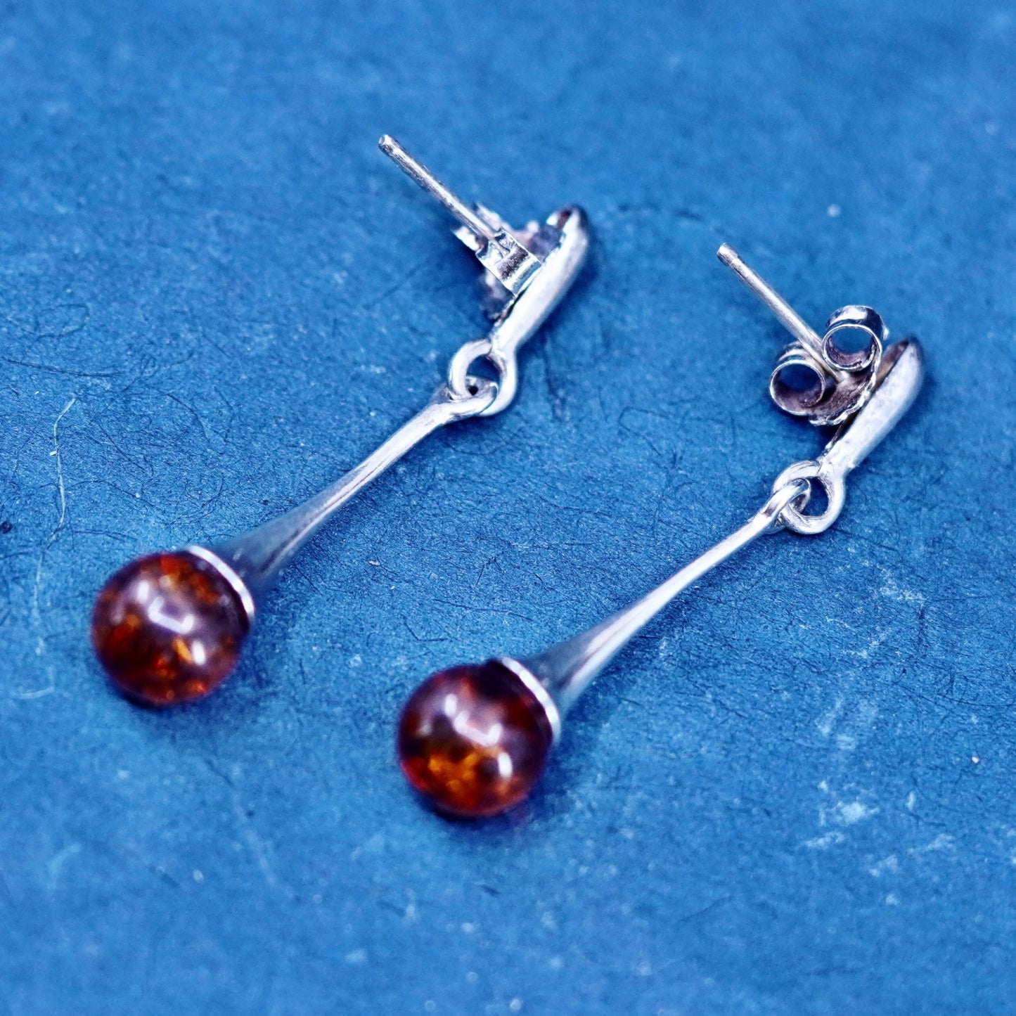 Vintage elegant sterling 925 silver handmade earrings with amber beads