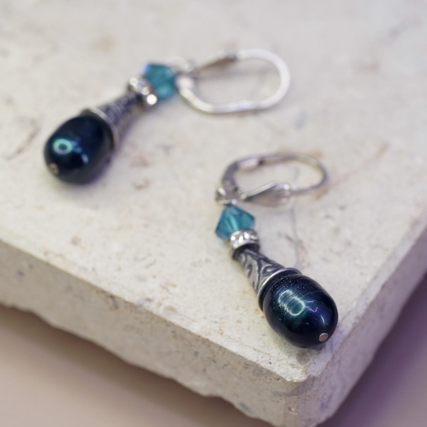 Vintage antique Sterling 925 silver handmade earrings with teardrop black pearl