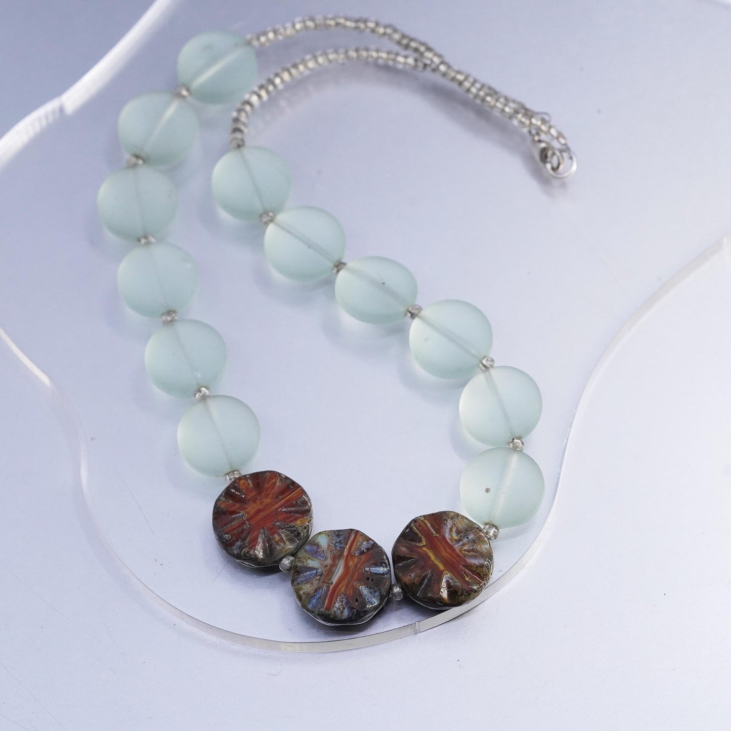 16", Vintage Sterling Silver 925 necklace coin green glass beads agate pendant