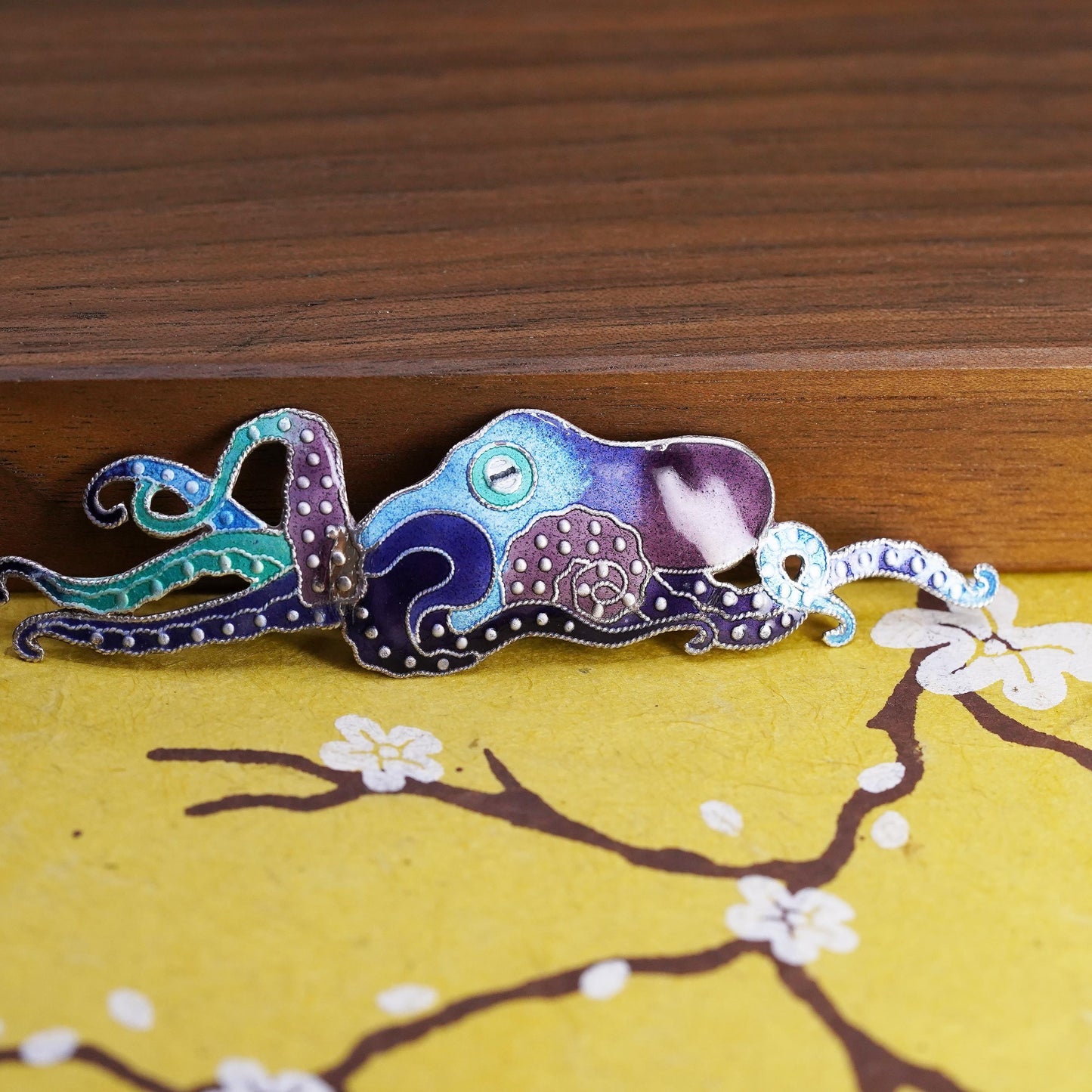 Vintage antique handmade sterling silver 925 blue octopus brooch with enamel