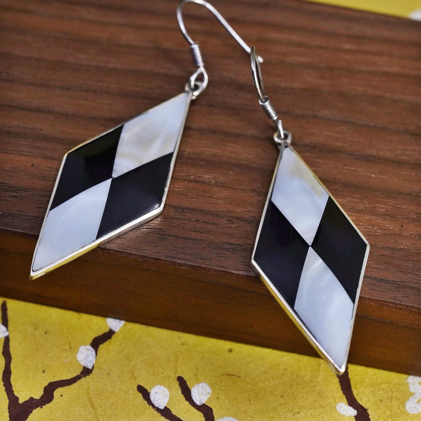 Vintage alpaca silver handmade earrings, diamond mother of pearl inlay dangles