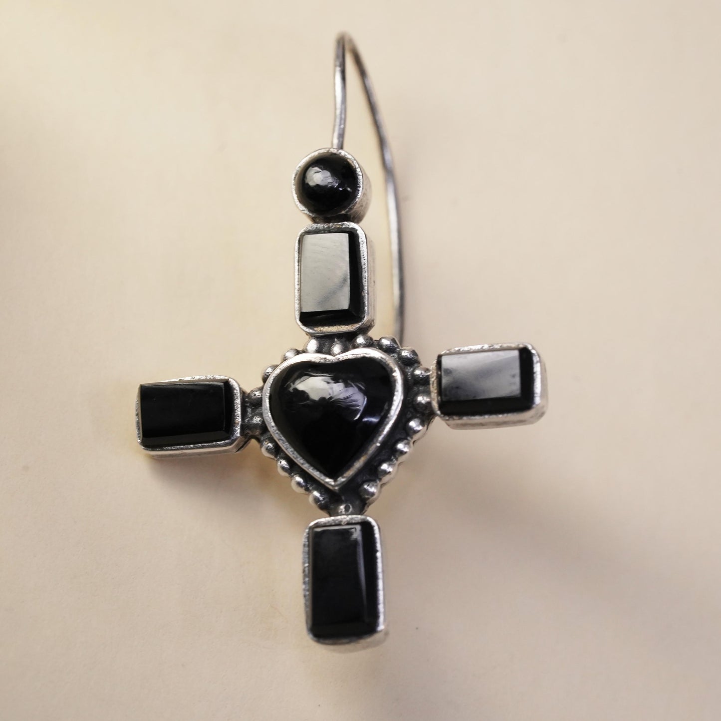 Vintage handmade single earring. Sterling 925 silver heart cross with onyx