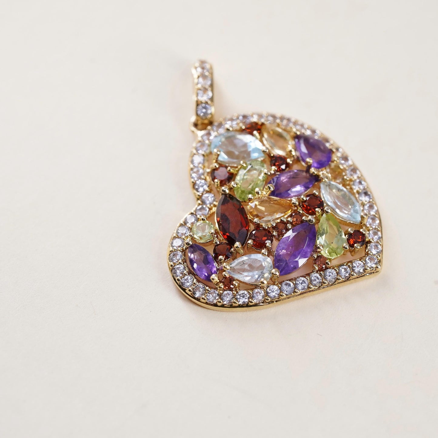 Vintage PAJ BR gold plated brass filigree heart with multi gemstones
