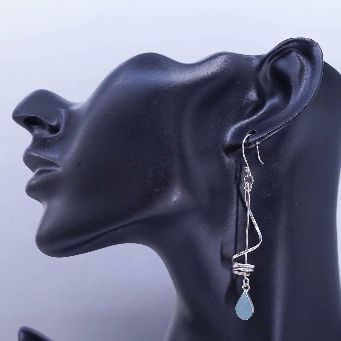 Vintage Mexican sterling 925 silver handmade spiral earrings teardrop turquoise