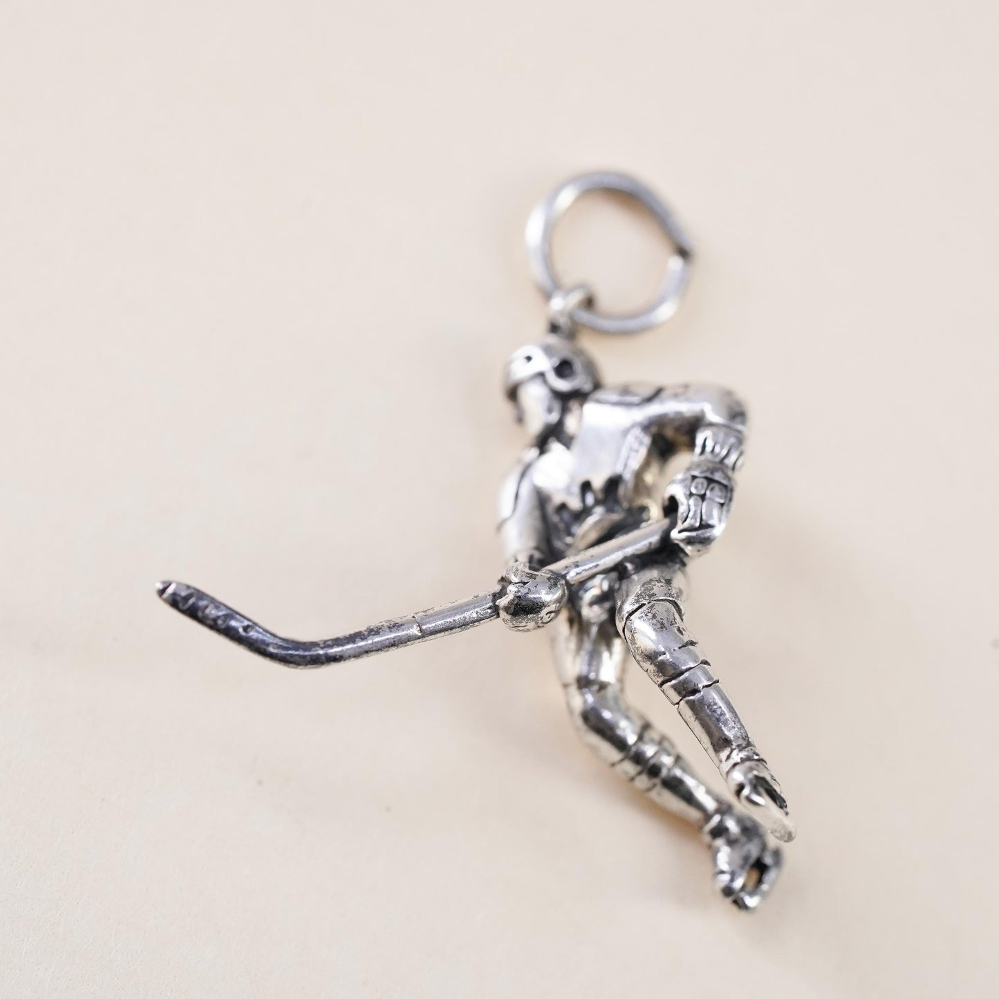 Sterling 925 Silver Hockey Player Charm Pendant, 3D Ice Hockey Skater w/ Stick