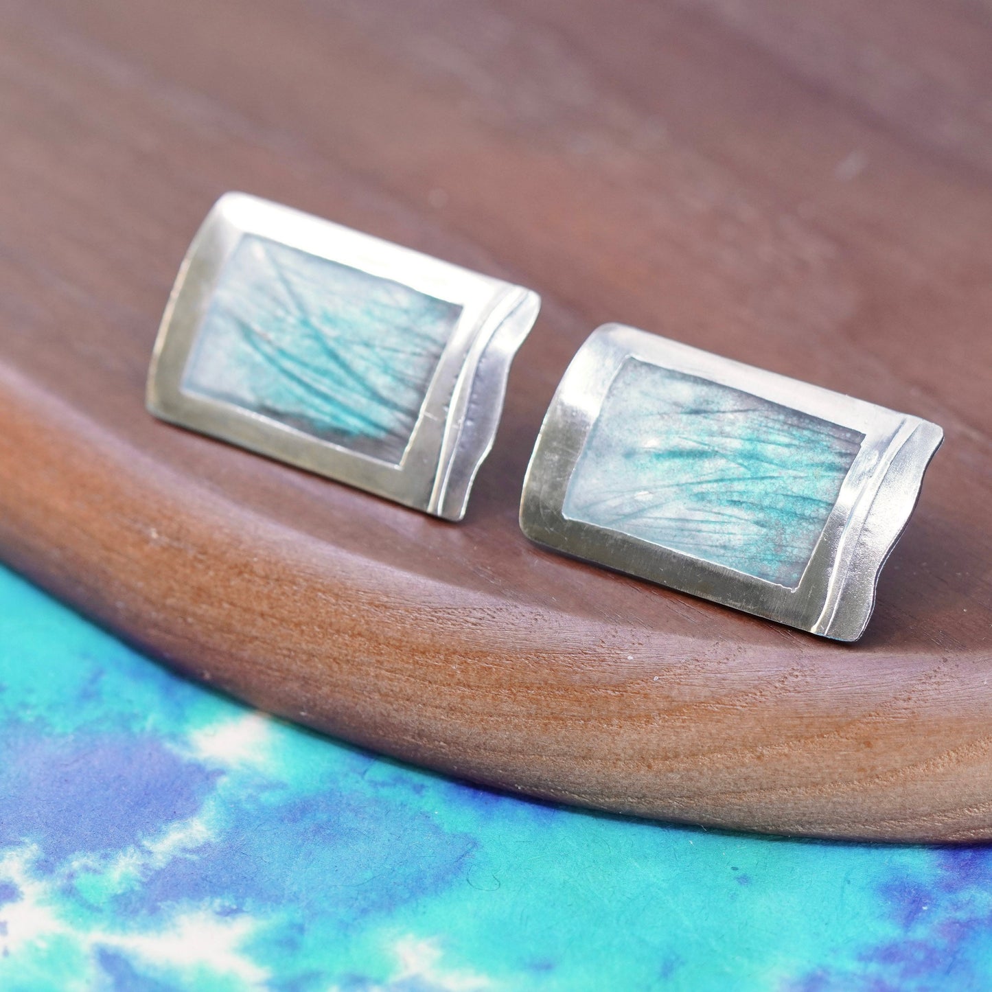 unique Sterling silver handmade earrings, rectangular studs with grass texture
