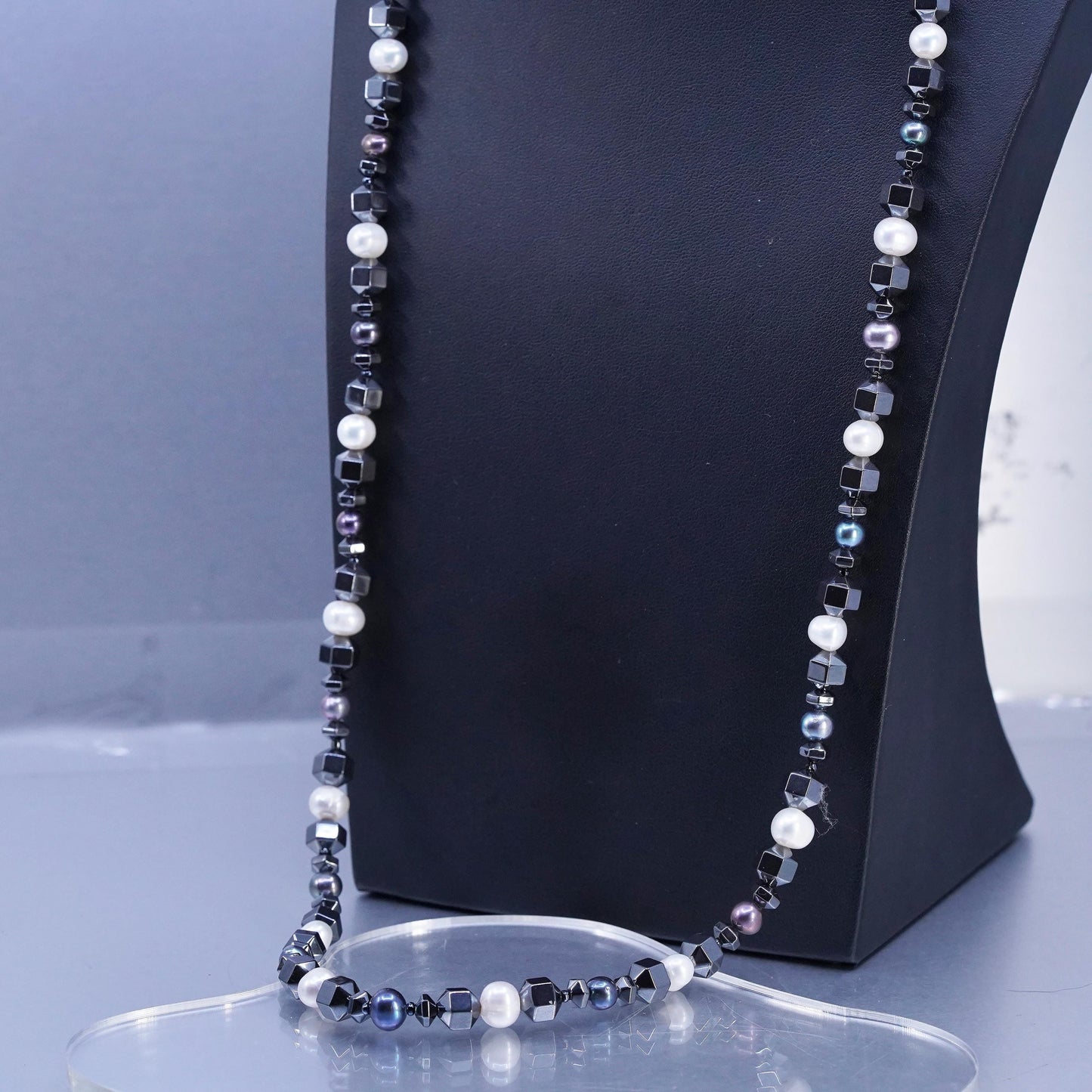 32”, Vintage Sterling 925 silver extra long necklace with hematite pearl beads