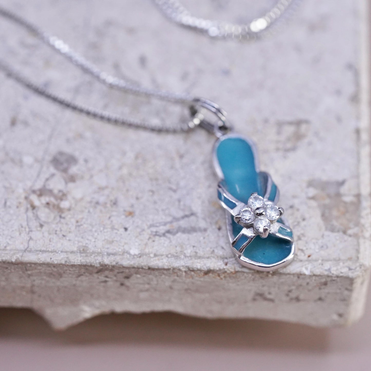 18", vintage Sterling silver necklace, 925 box chain blue enamel sandal pendant