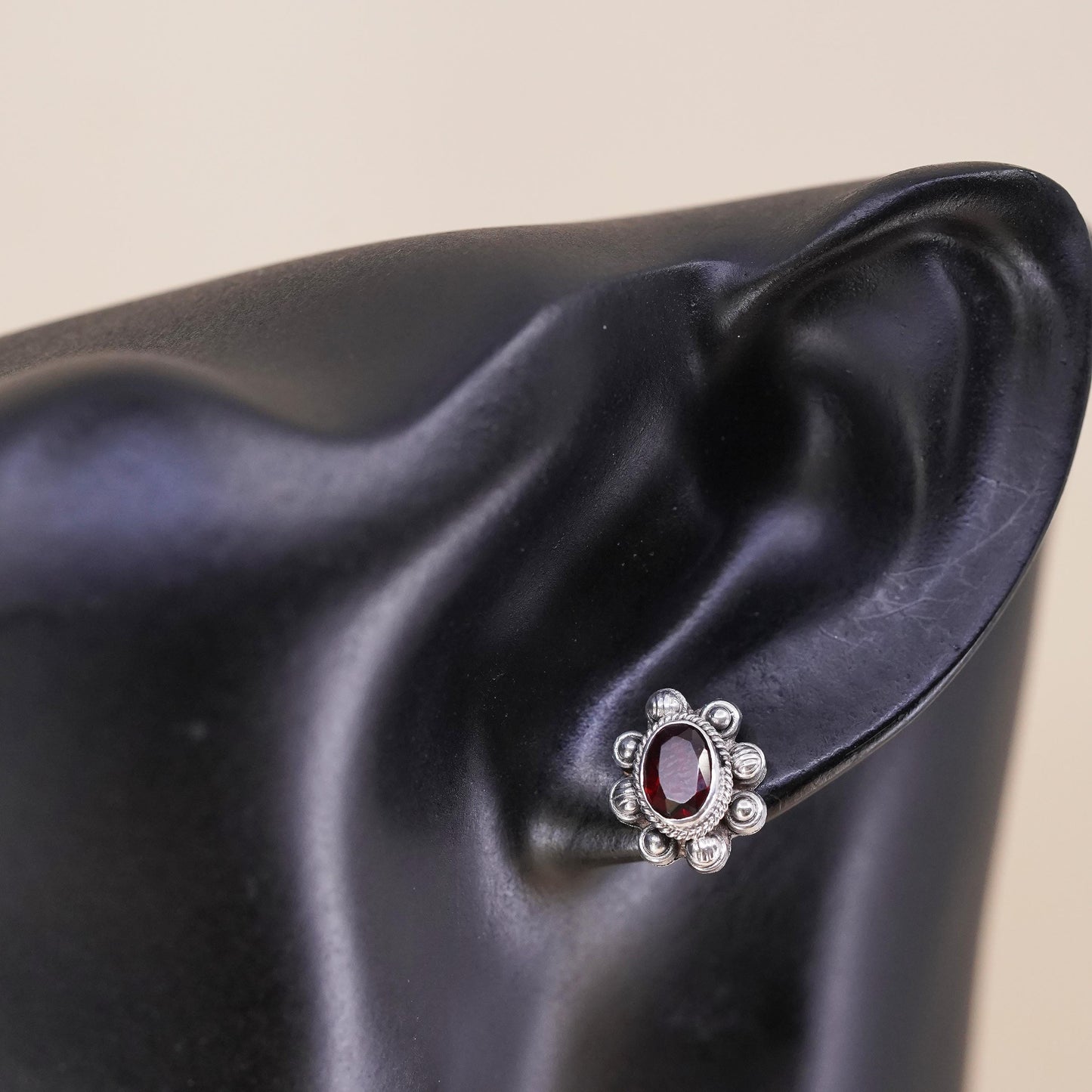 Vintage handmade single earring. Sterling 925 silver stud with garnet