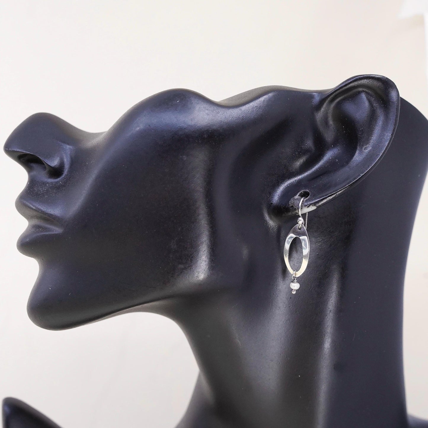 Vintage sterling 925 silver handmade marquise shaped earrings w/ pearl dangles