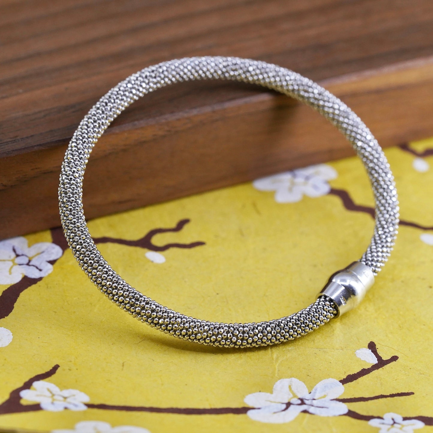 7", Italian Sterling silver handmade bracelet, 925 bangle with textured beads
