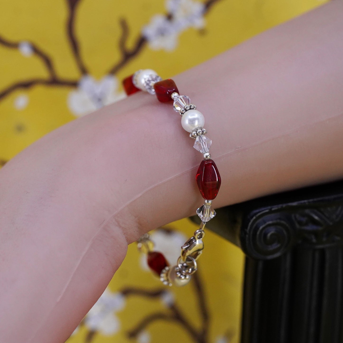 6.75”, Vintage Sterling 925 silver beads bracelet with pearl red crystal beads