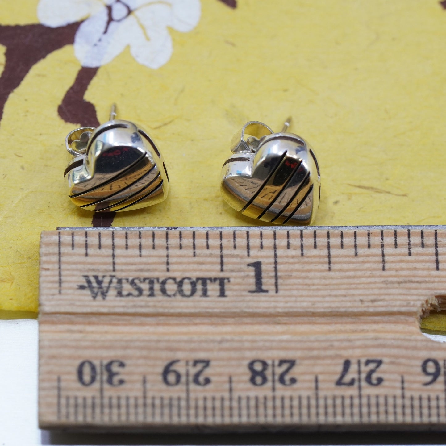 1”, vintage WR 18K gold accent with sterling silver handmade heart earrings