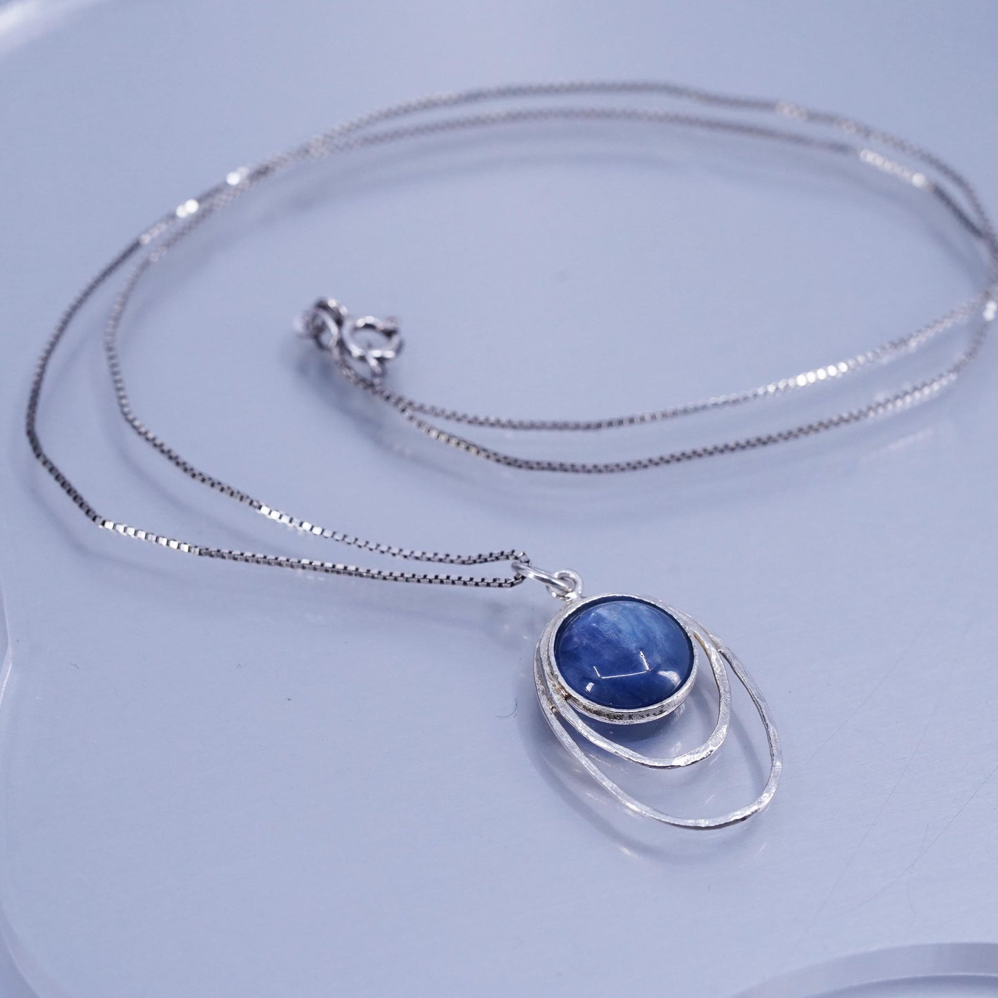 20”, vintage Israel RL Sterling 925 silver box necklace blue crystal pendant