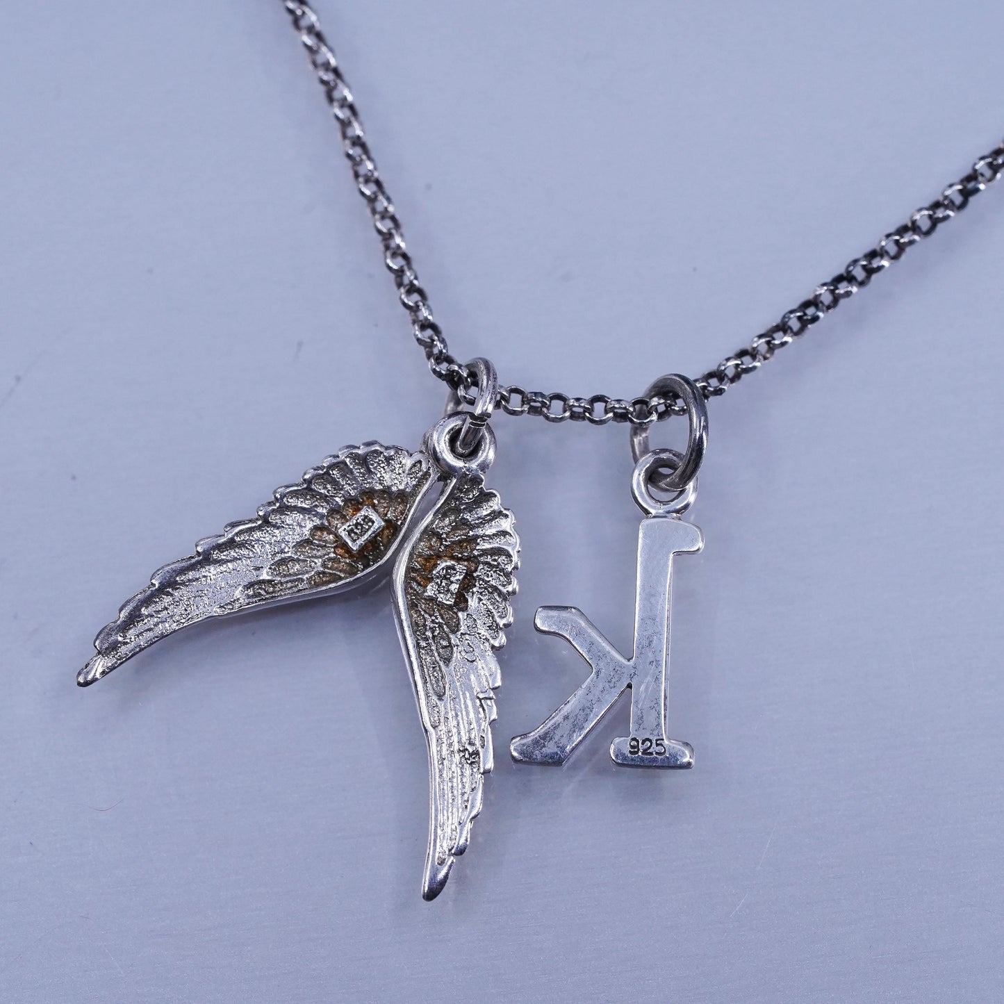 16+2”, vintage Sterling 925 silver circle chain necklace letter K wings pendant