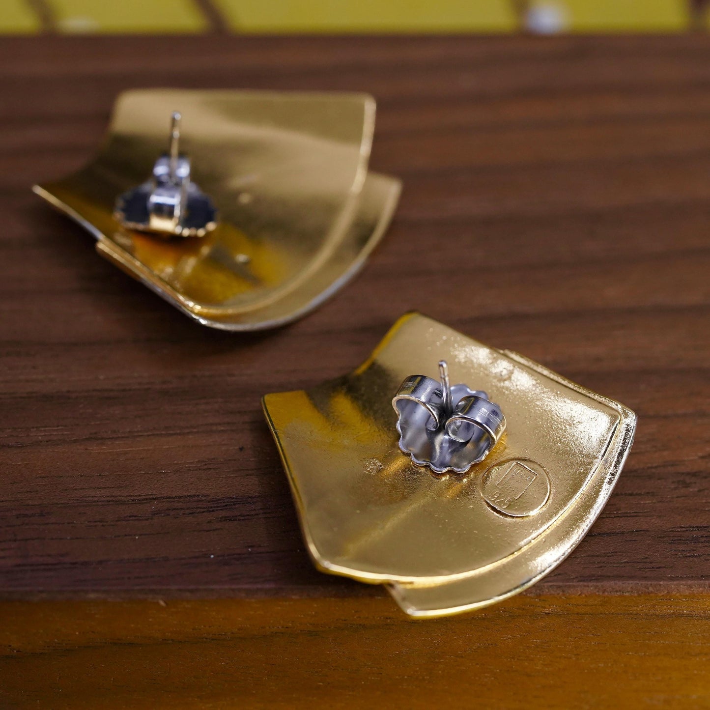 Vintage Two Tone Sterling silver handmade earrings, 925 modern studs with gold