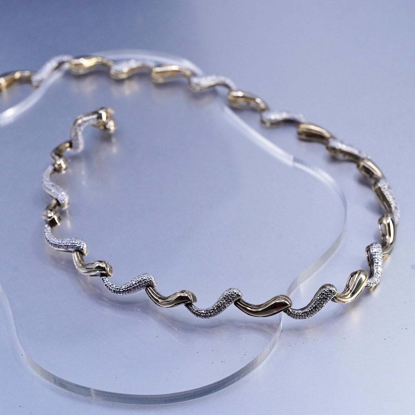 18", vermeil gold over Sterling 925 silver wavy tennis necklace cluster diamond