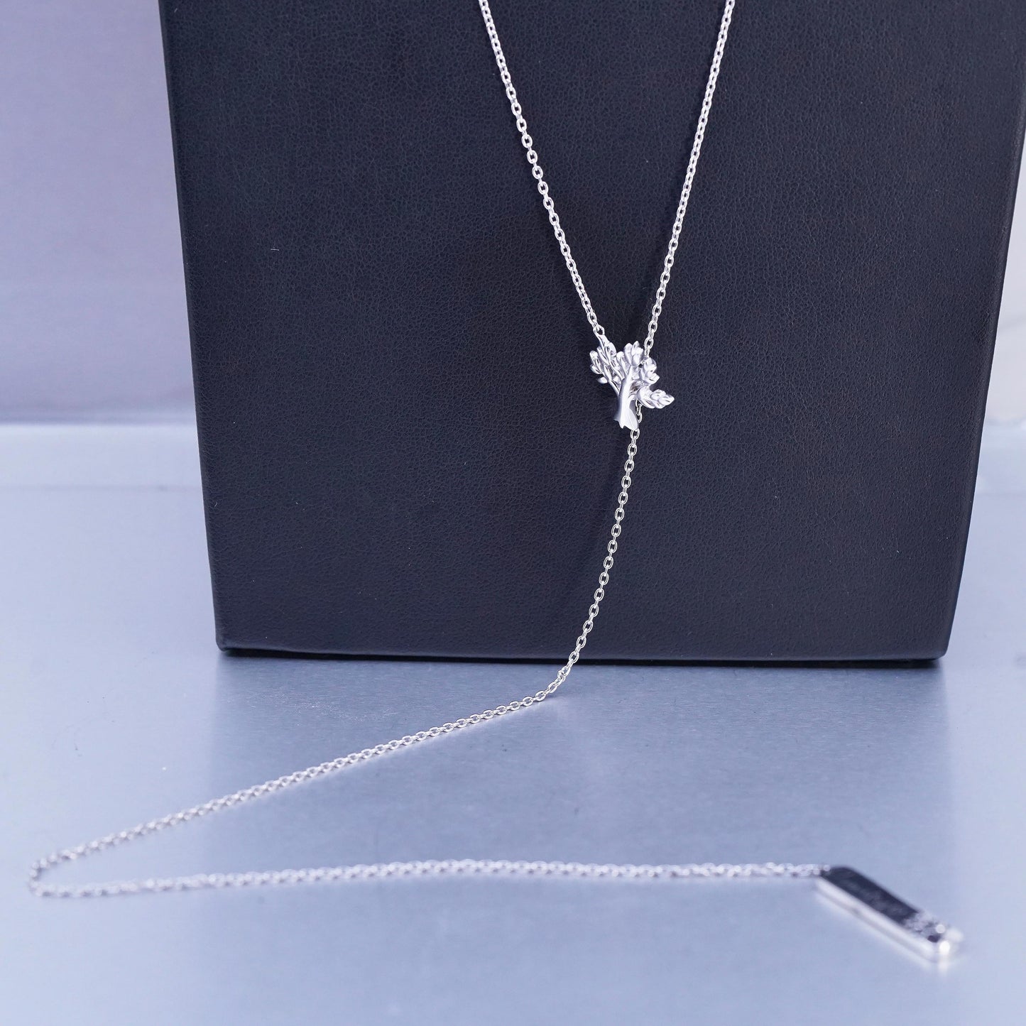 32" Sterling 925 silver extra long circle necklace w/ tree tag embossed family