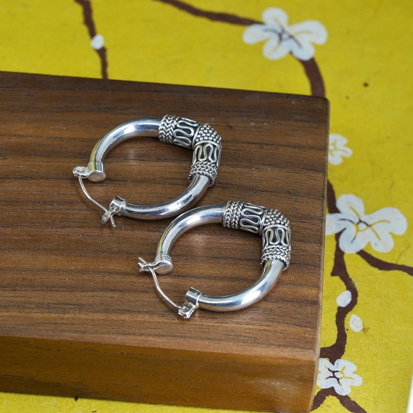 1.25”, Vintage BA Suarti Sterling silver handmade earrings, 925 textured hoops
