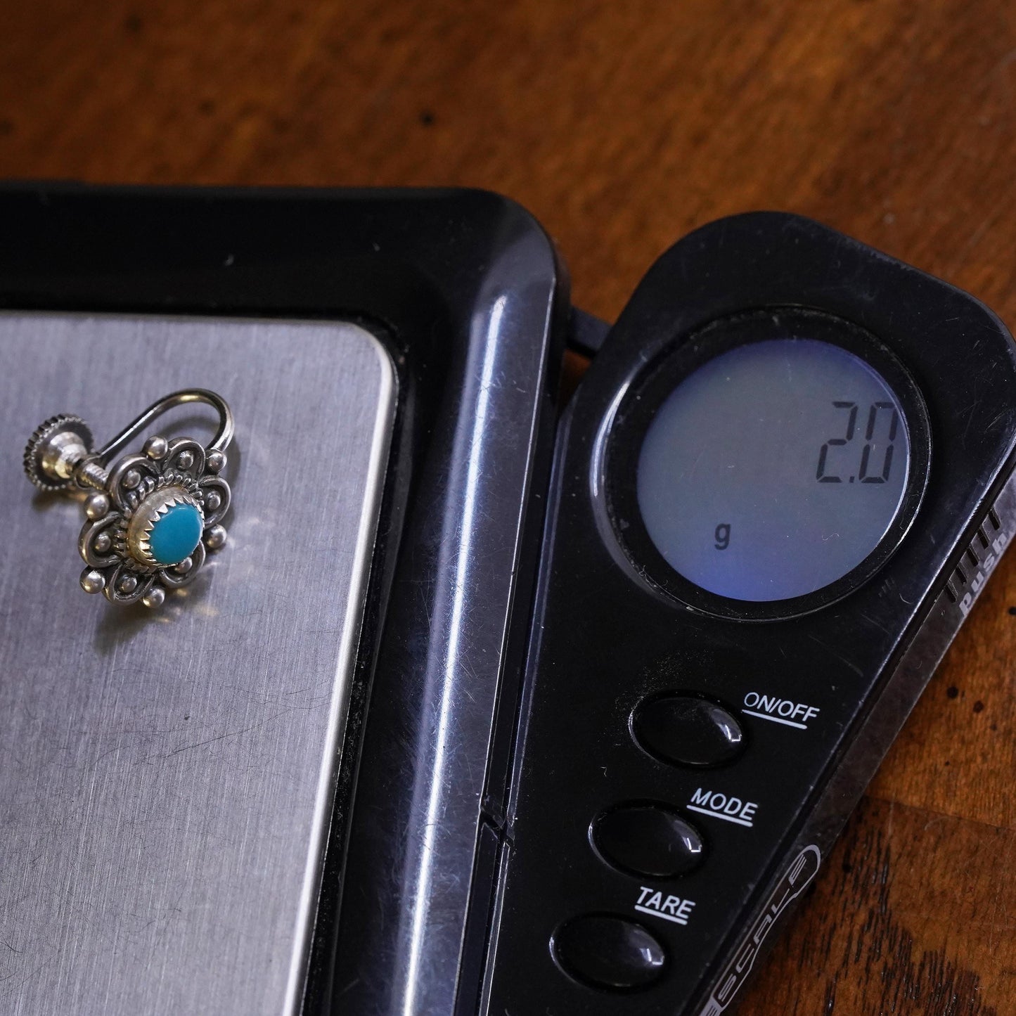 Vintage sterling silver single earring, 925 screw back flower with turquoise