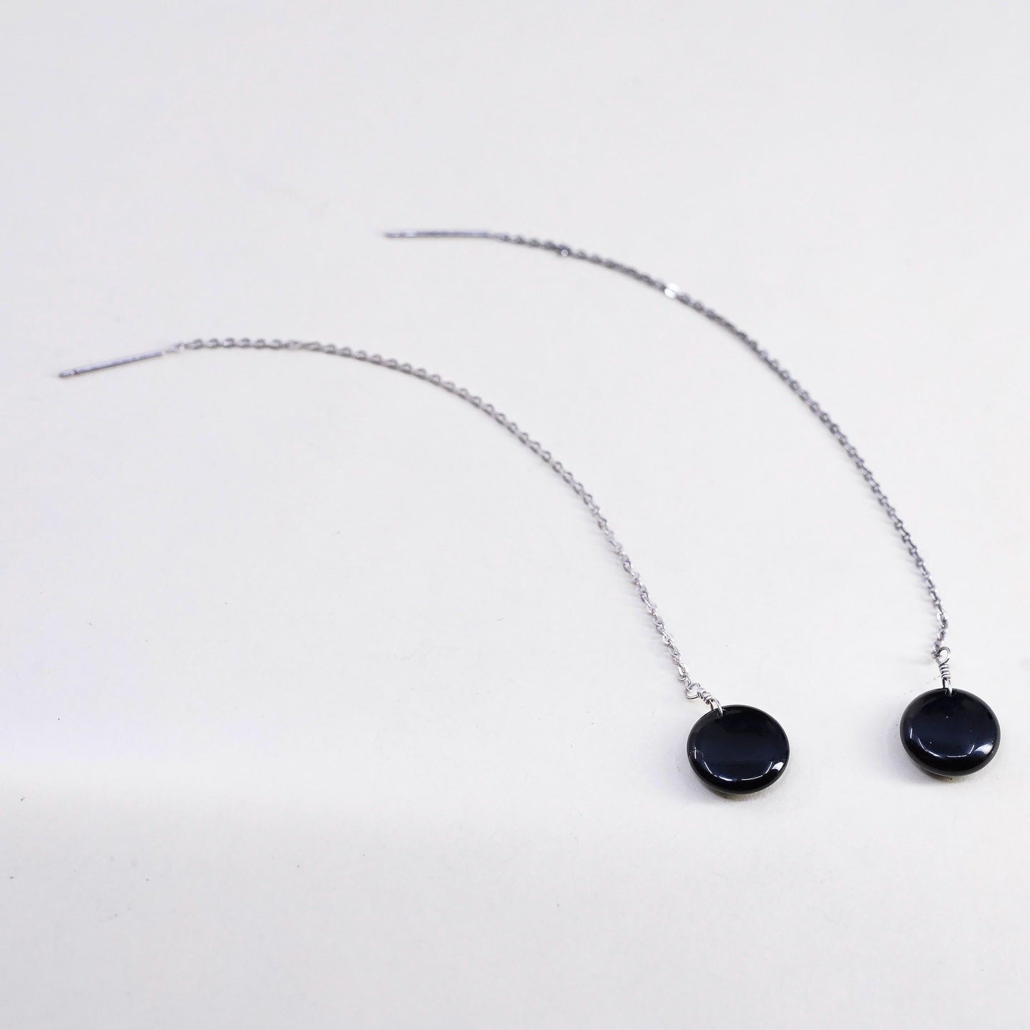 VTG Sterling silver handmade earrings, long 925 circle chain black onyx drops
