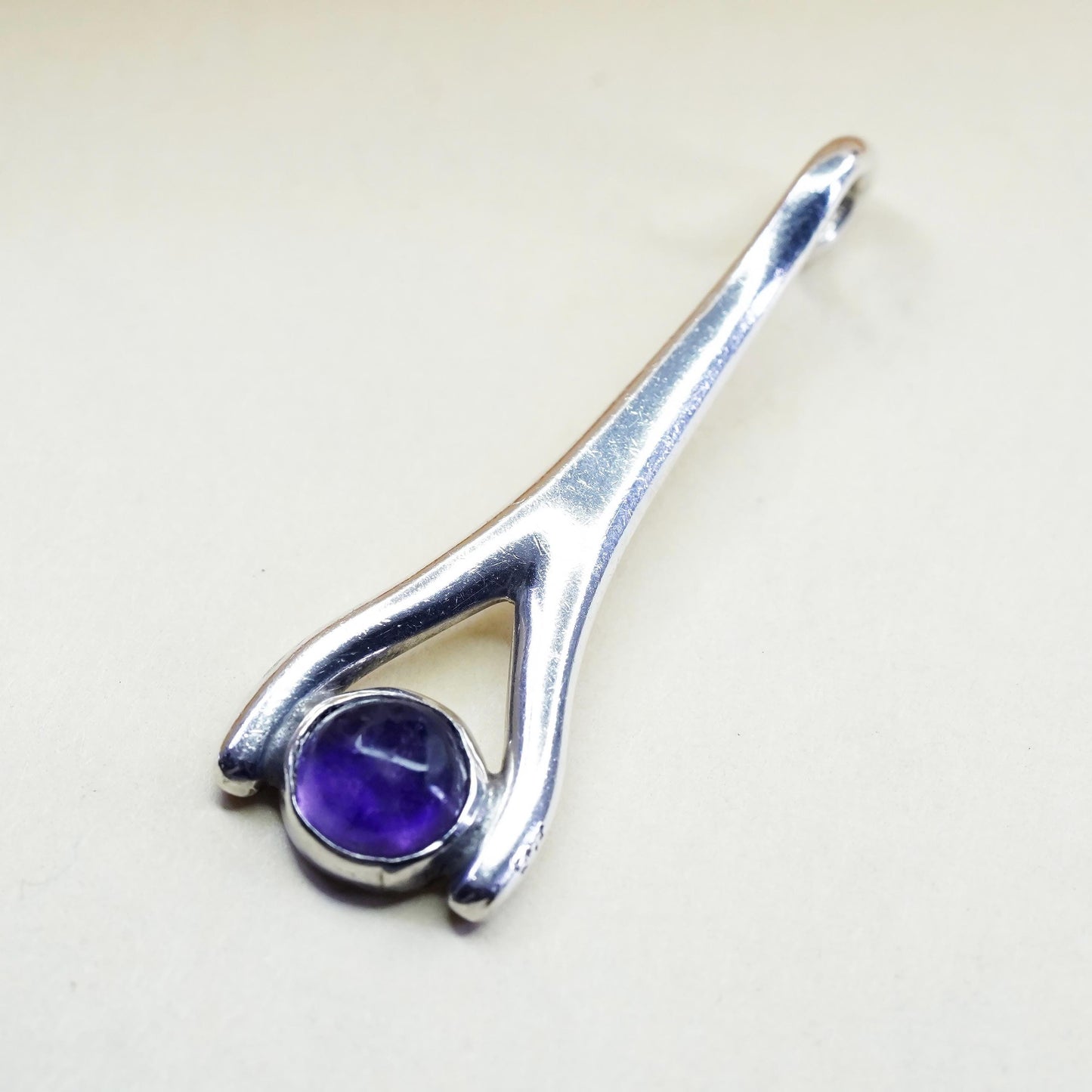 Vintage Mexican CCC Sterling 925 silver handmade wishbone pendant with amethyst