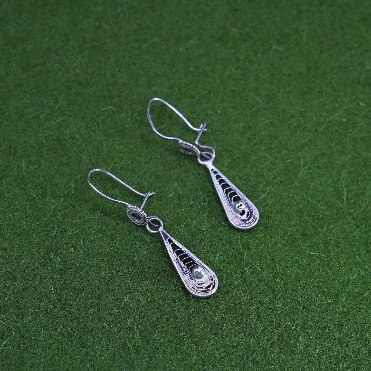 Vintage sterling silver handmade earrings, 925 filigree teardrop