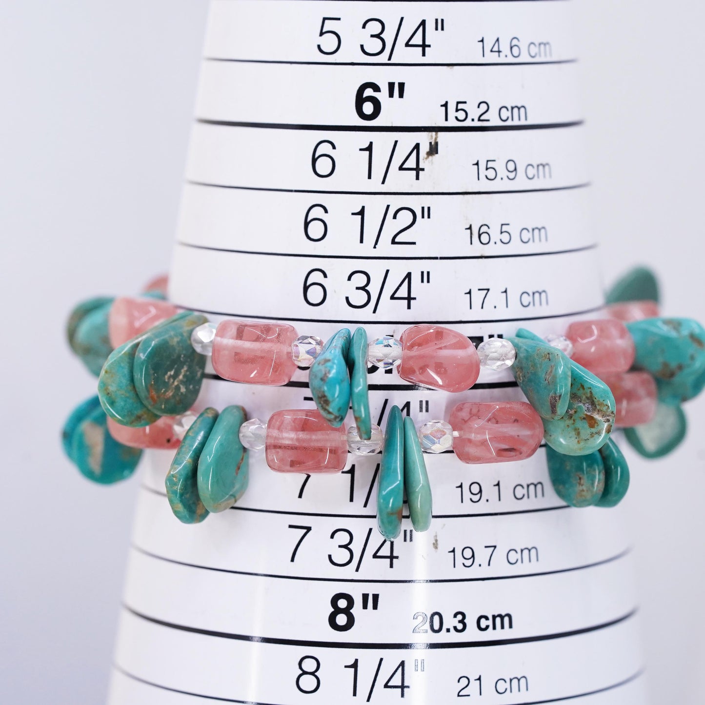 7”, VTG southwestern Sterling 925 silver bracelet turquoise pink quartz beads