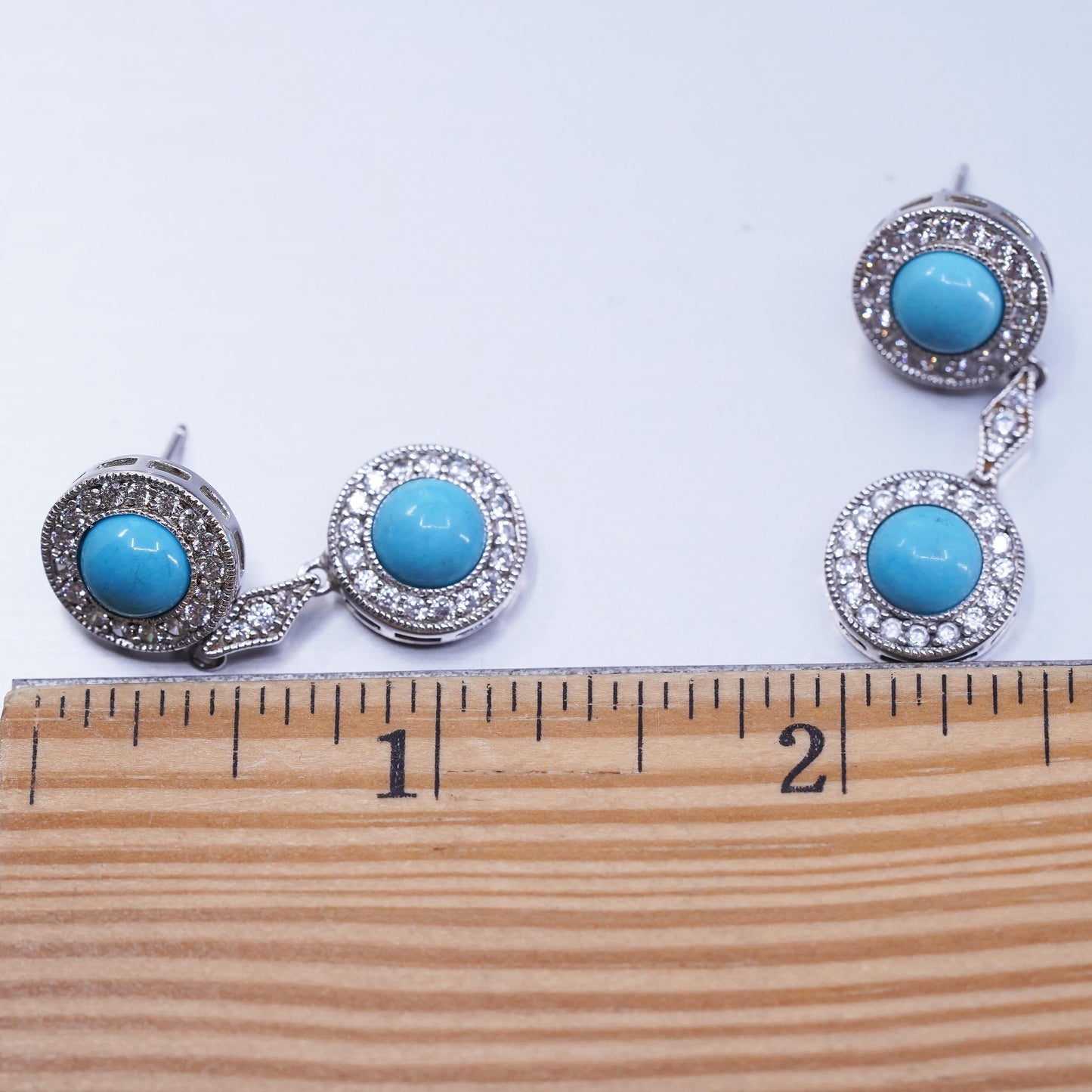 Vintage Sterling 925 silver handmade earrings with turquoise and cluster Cz