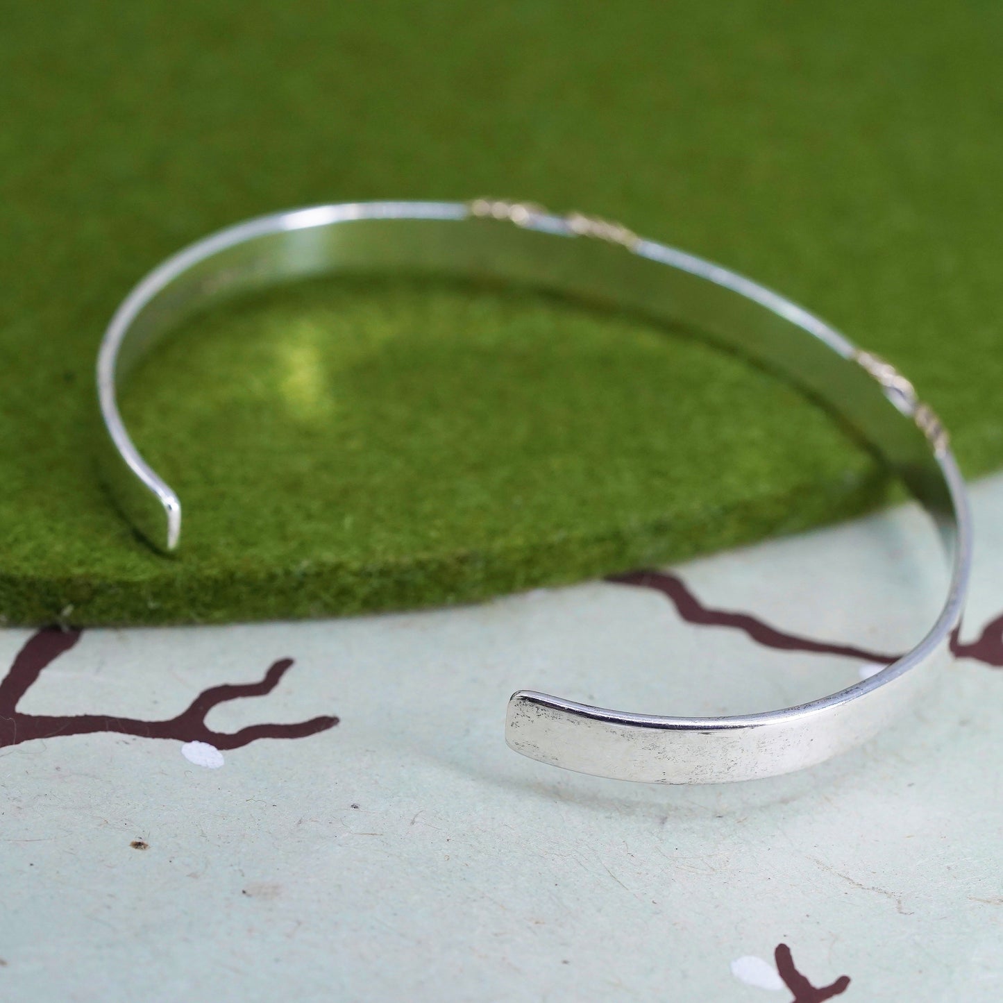 8", Vintage sterling silver 925 handmade cuff bracelet w/ 14K yellow gold trim