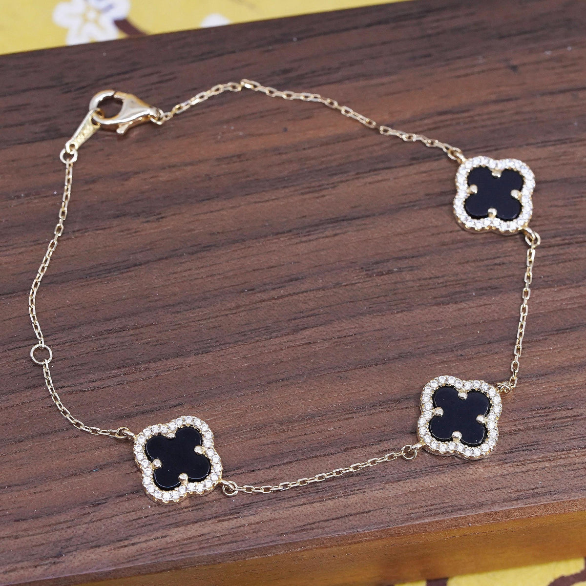 7.5”, Vermeil gold sterling silver bracelet, 925 lucky onyx clever cluster Cz