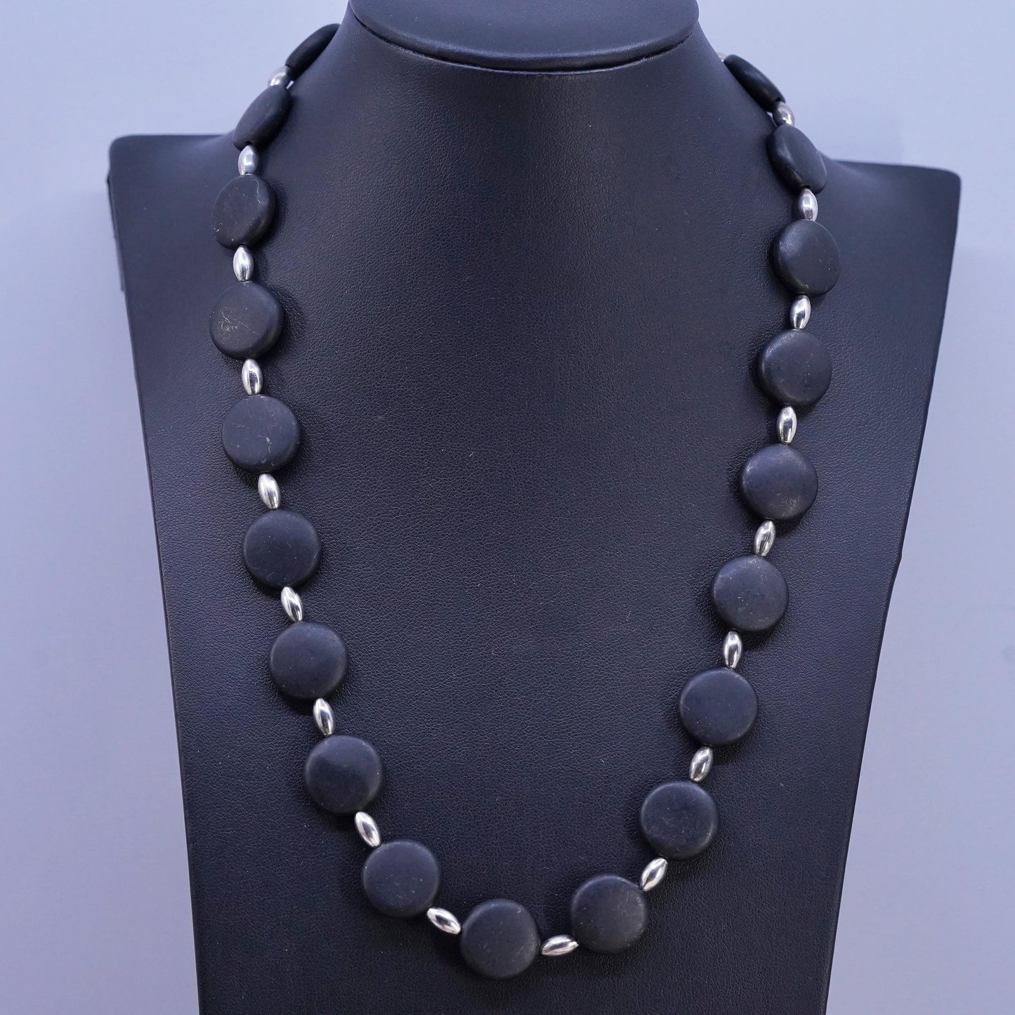 20", Sterling 925 silver necklace 16mm matte black onyx beads toggle closure