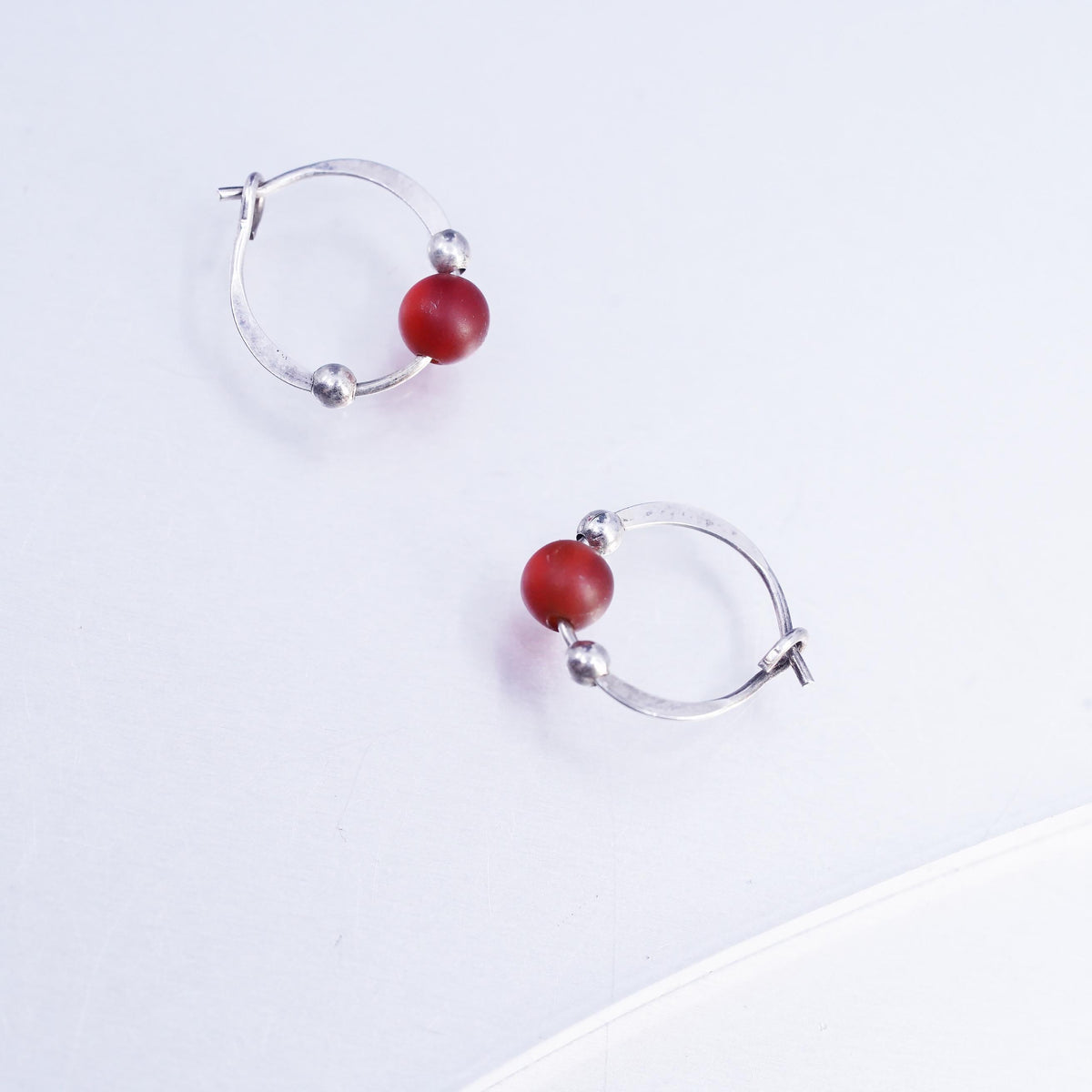 10mm, vintage Sterling silver handmade earrings, 925 Huggie hoops amber bead