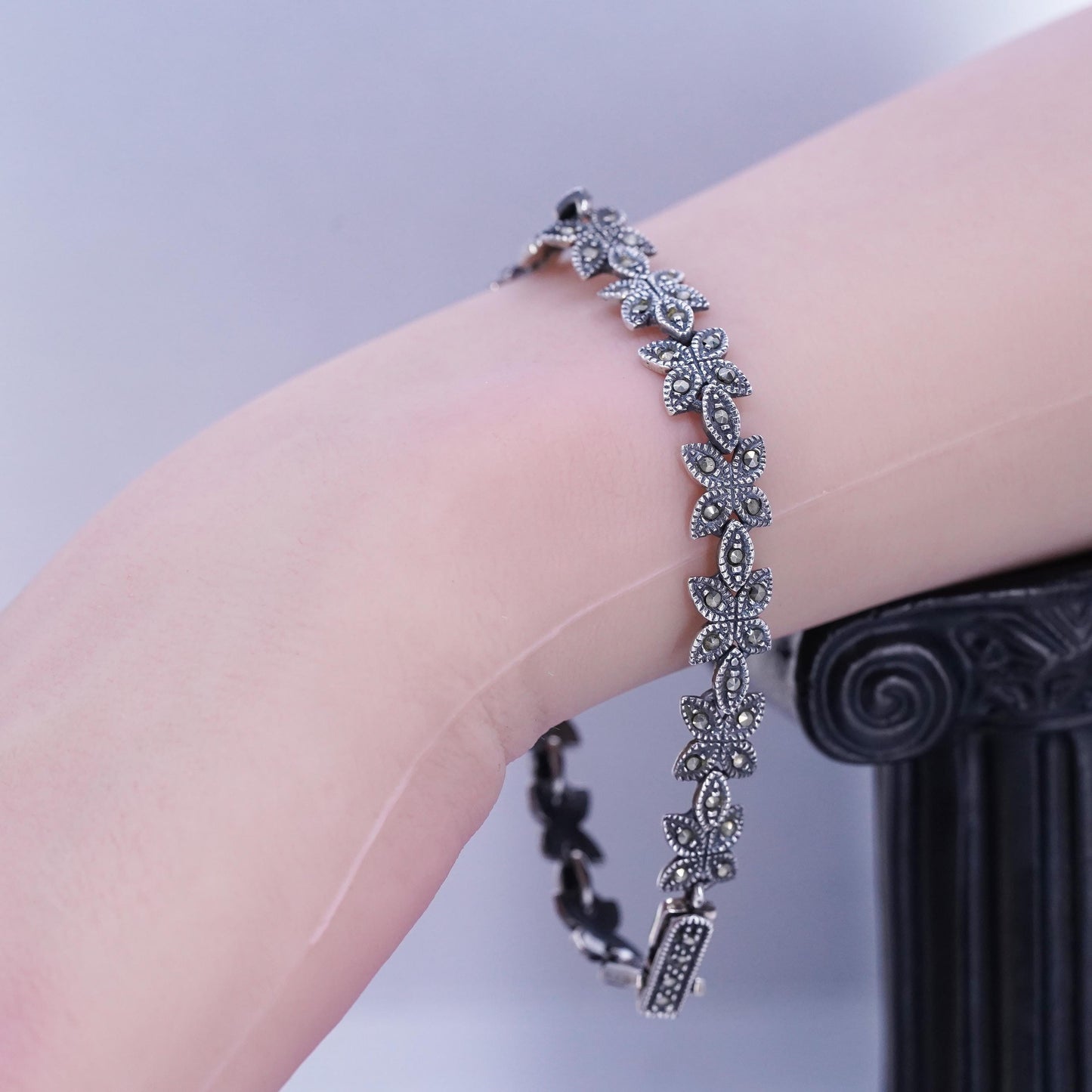 7.5”, VTG Sterling 925 silver handmade bracelet, marcasite floral tennis chain