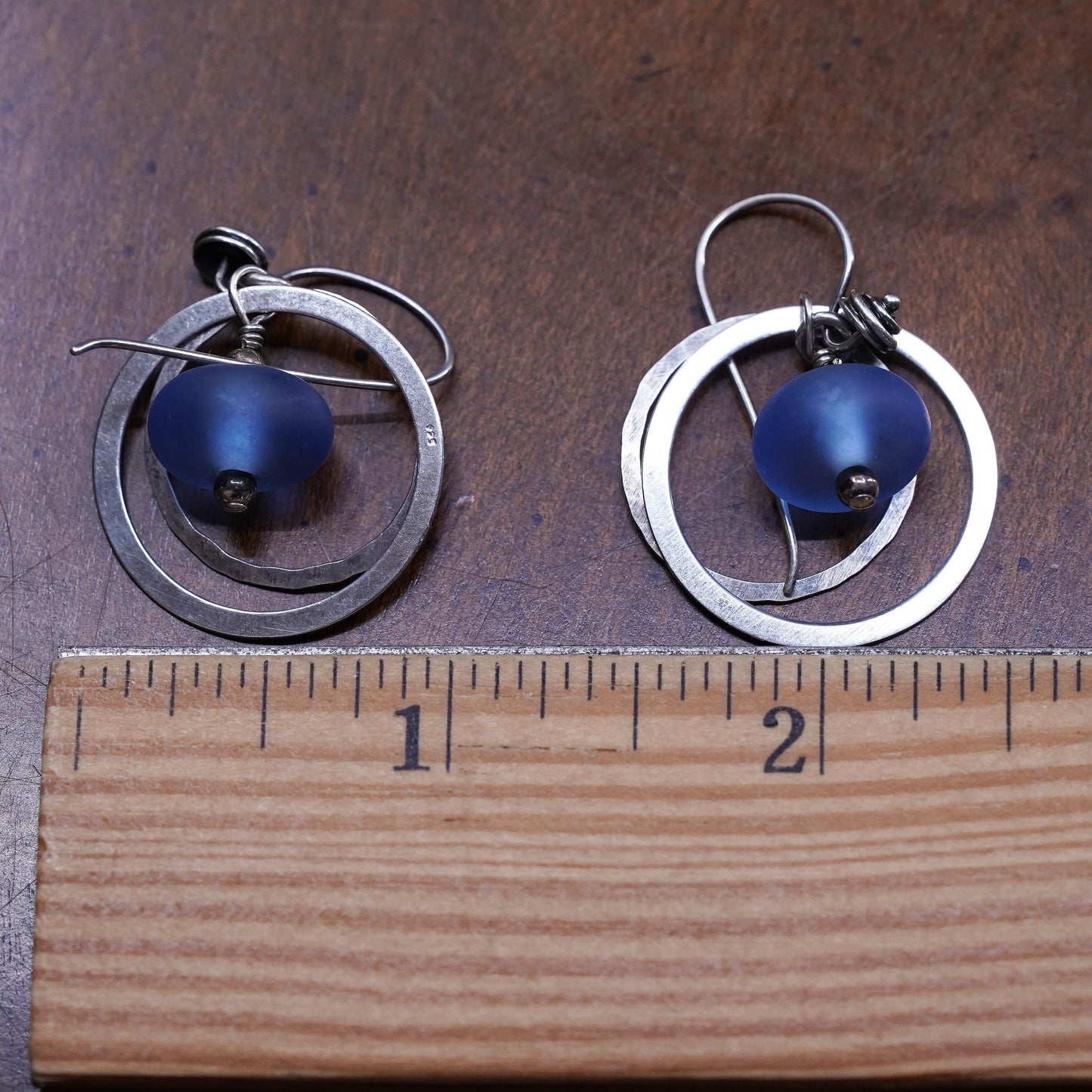 Vintage Sterling 925 silver handmade double circle earrings w/ blue glass bead