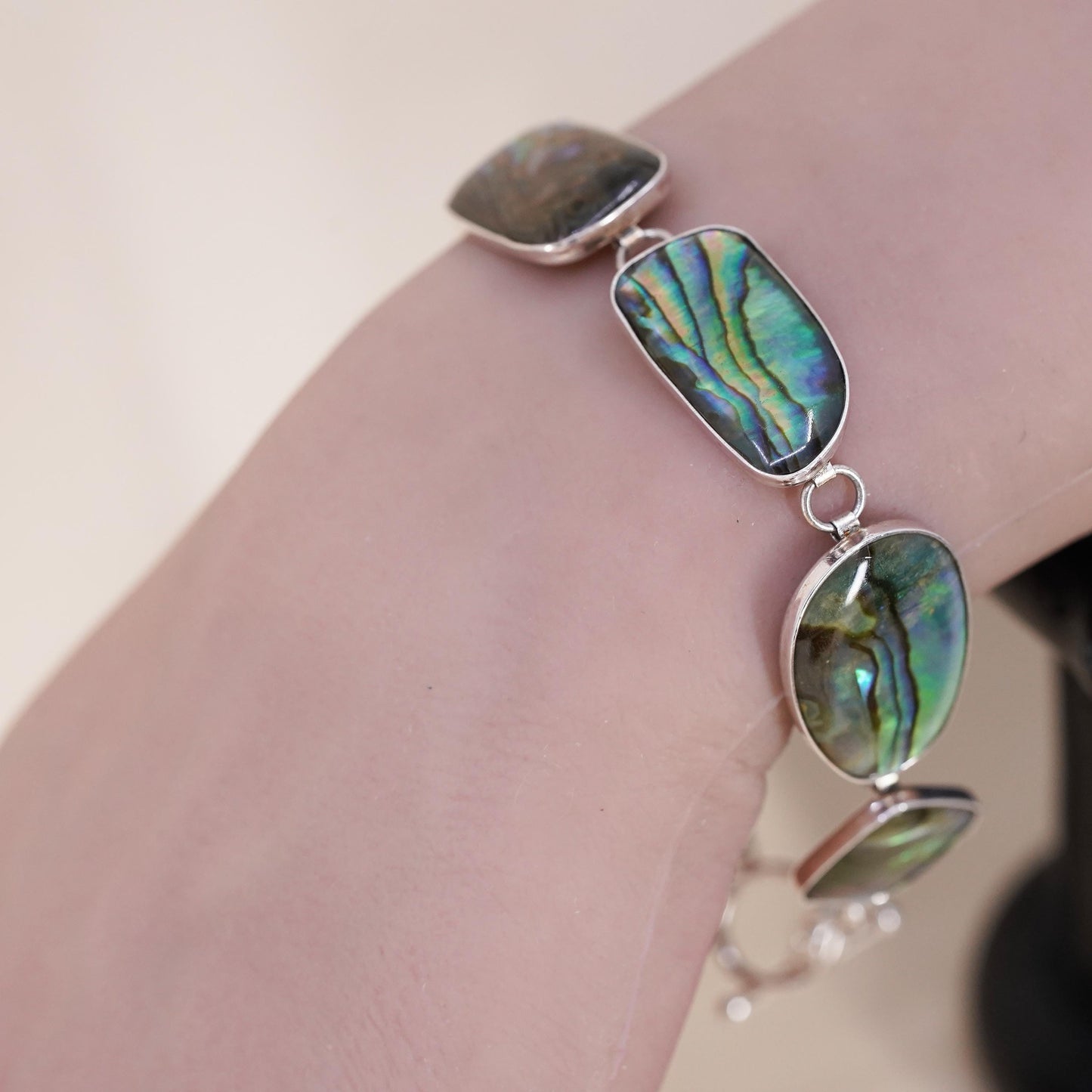 7.25+0.5”, VTG LUC sterling silver 925 handmade bracelet abalone toggle closure