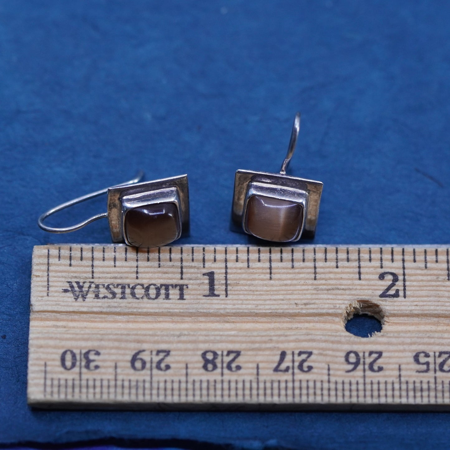 Vintage Sterling 925 silver handmade earrings with brown cat eye