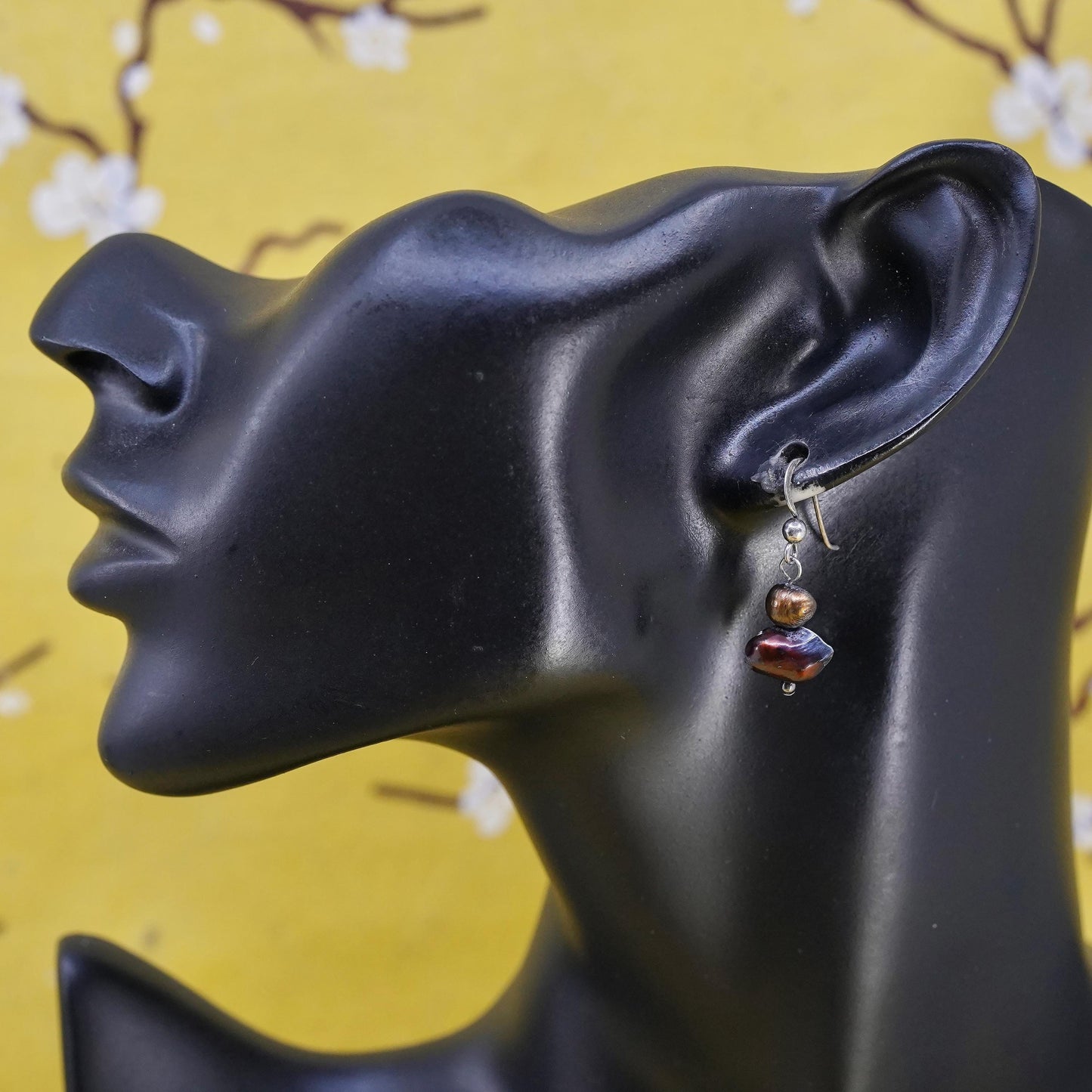 Vintage Sterling 925 silver handmade earrings with black pearl