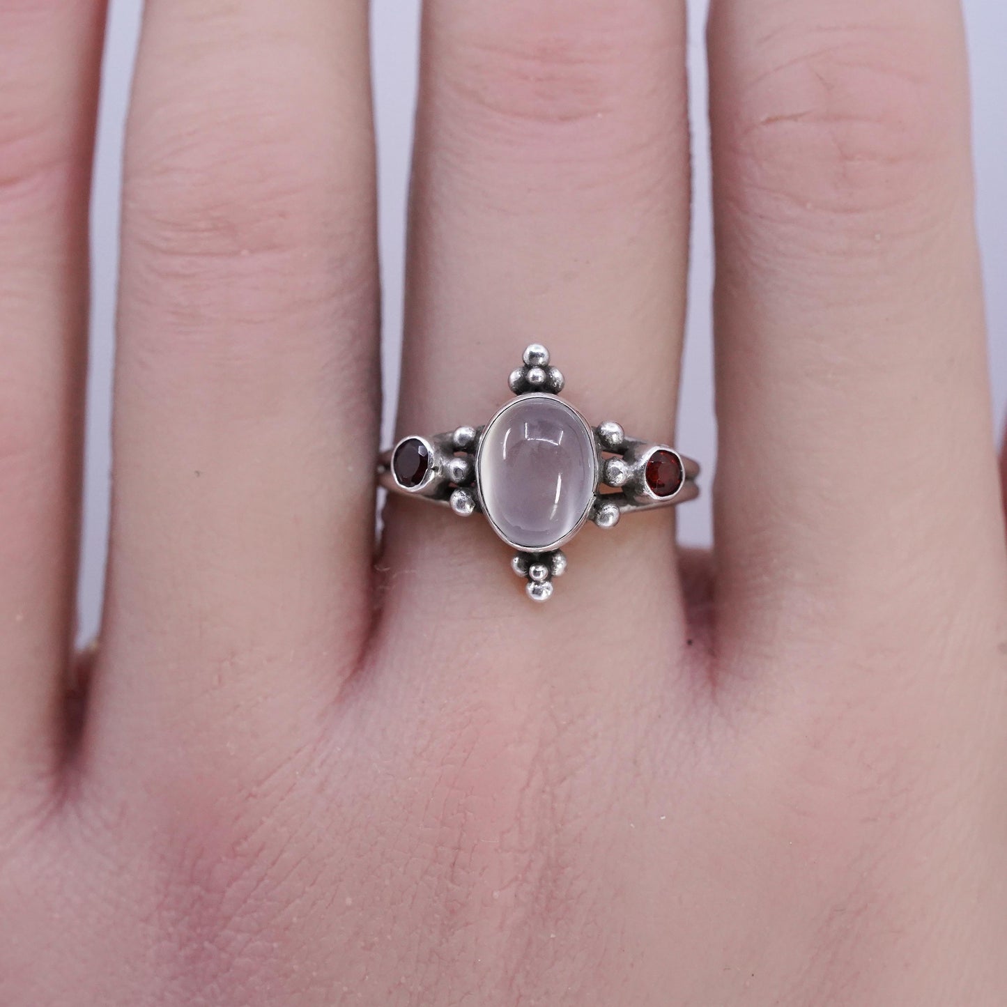 Size 7.5, vintage Sterling 925 silver handmade ring with moonstone and garnet