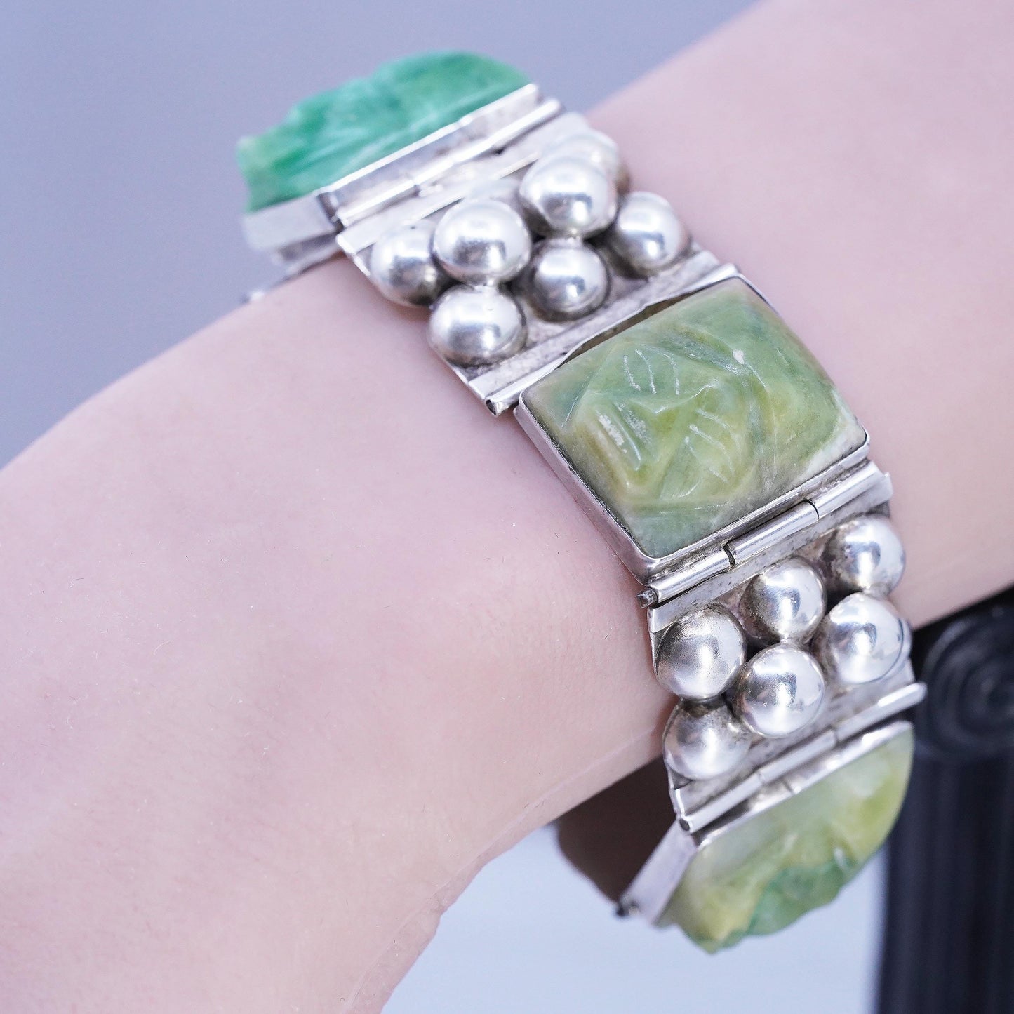 6", DEFECTED! Mexican Sterling Silver Carved Jade Face Mask Panel Bracelet