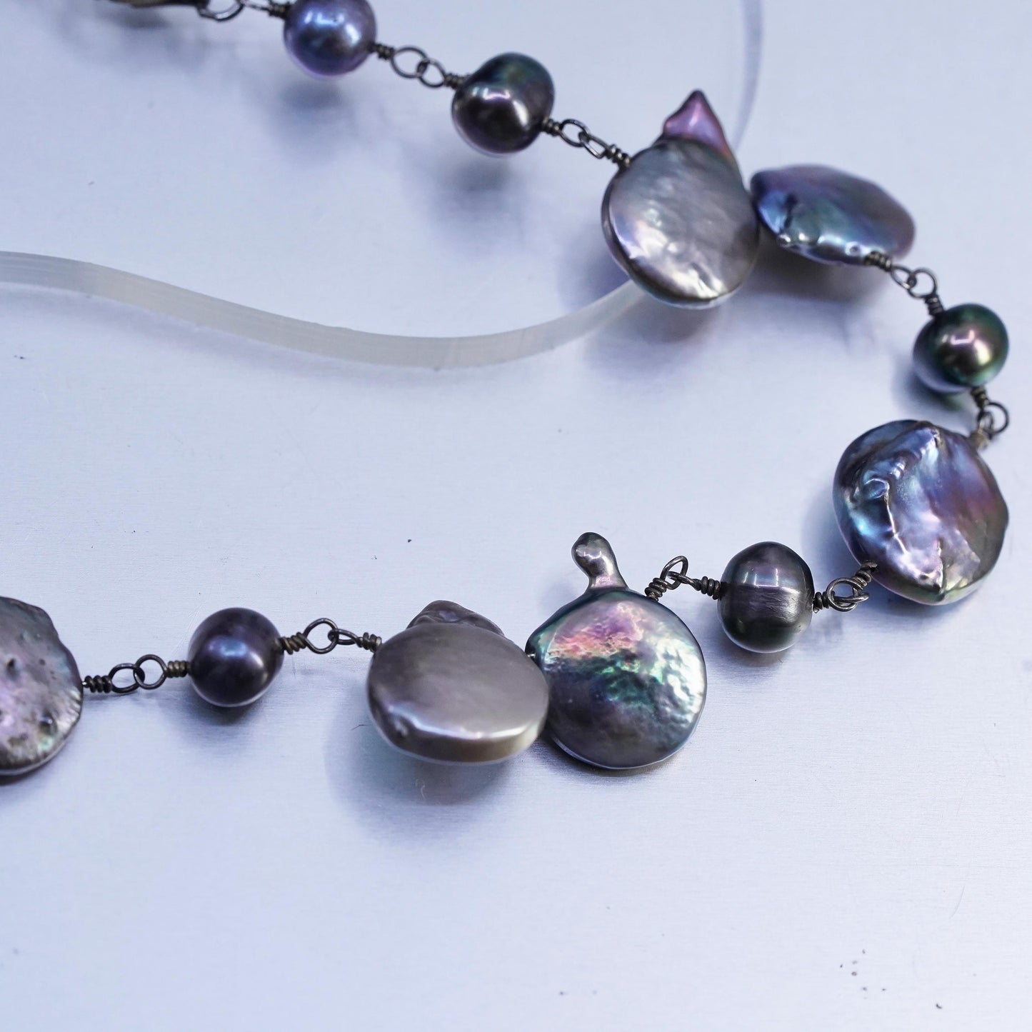 18+2" Vintage Sterling 925 silver handmade necklace black baroque pearl beads